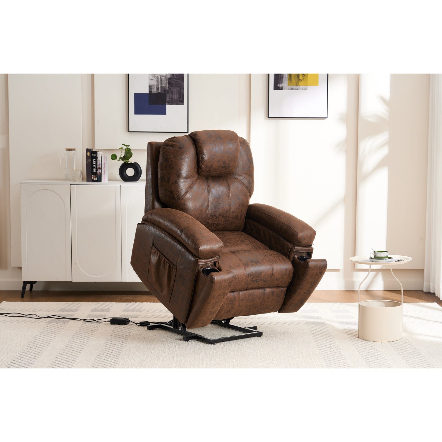 Fauteuil inclinable électrique rembourré, large et massant, mécanisme d'inclinaison robuste et sécurisé avec poches latérales