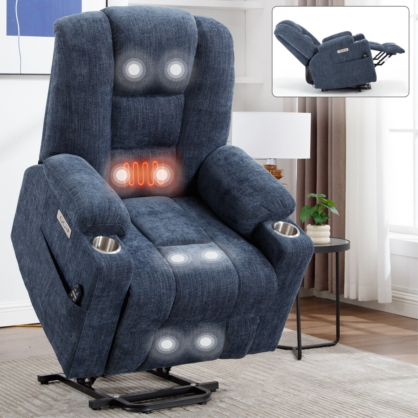 Fauteuil inclinable électrique pour personnes âgées, avec massage, chauffage, deux ports USB, chargement Type-C et porte-gobelets