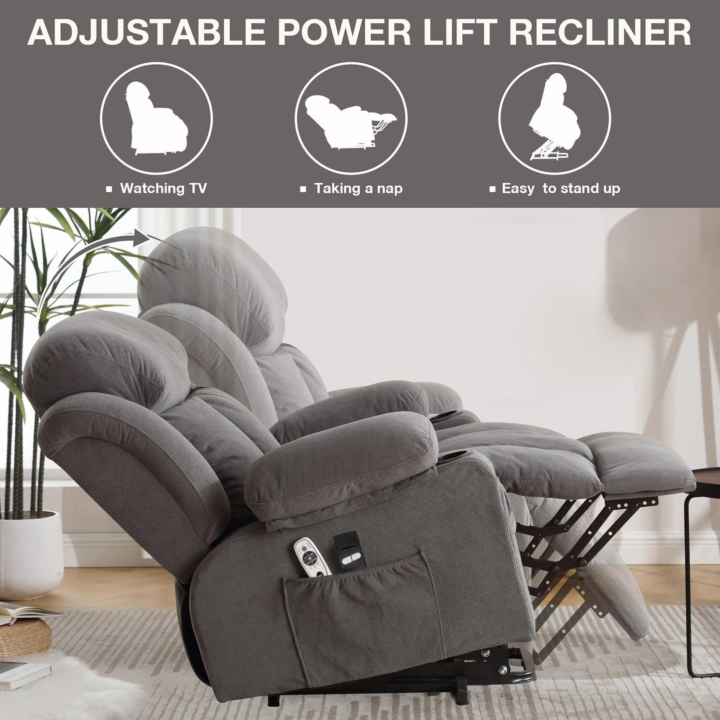 Fauteuil inclinable électrique en tissu avec chauffage et massage