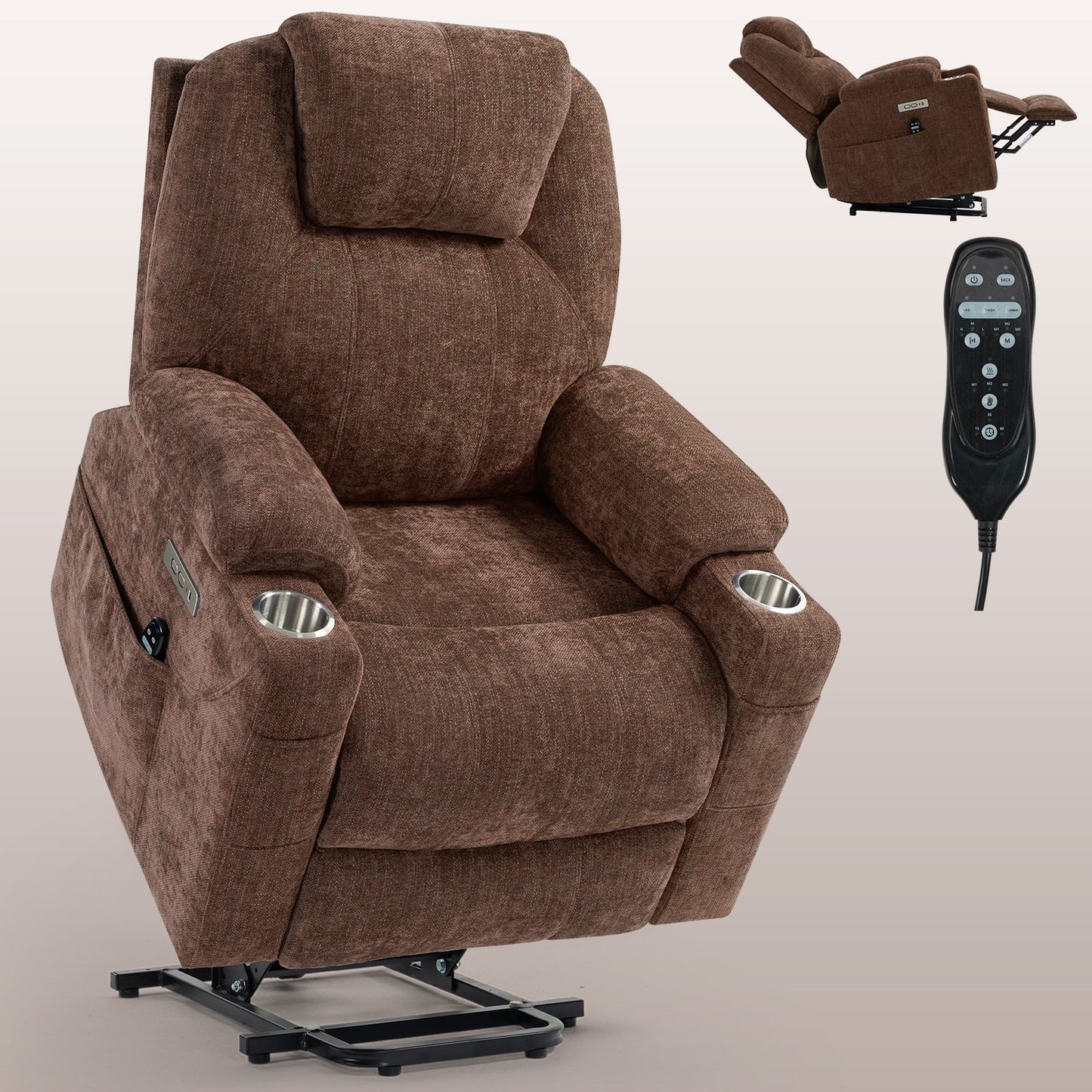 Fauteuil inclinable électrique avec massage en 8 points, chauffage lombaire, double chargement USB et porte-gobelets en acier inoxydable