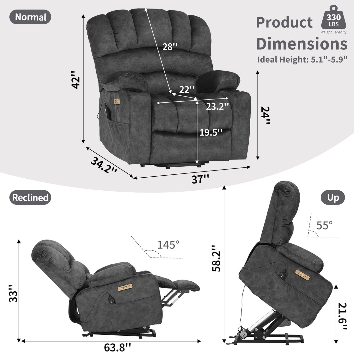 Fauteuil inclinable releveur électrique, dossier coque surdimensionné, avec massage thermique pour personnes âgées