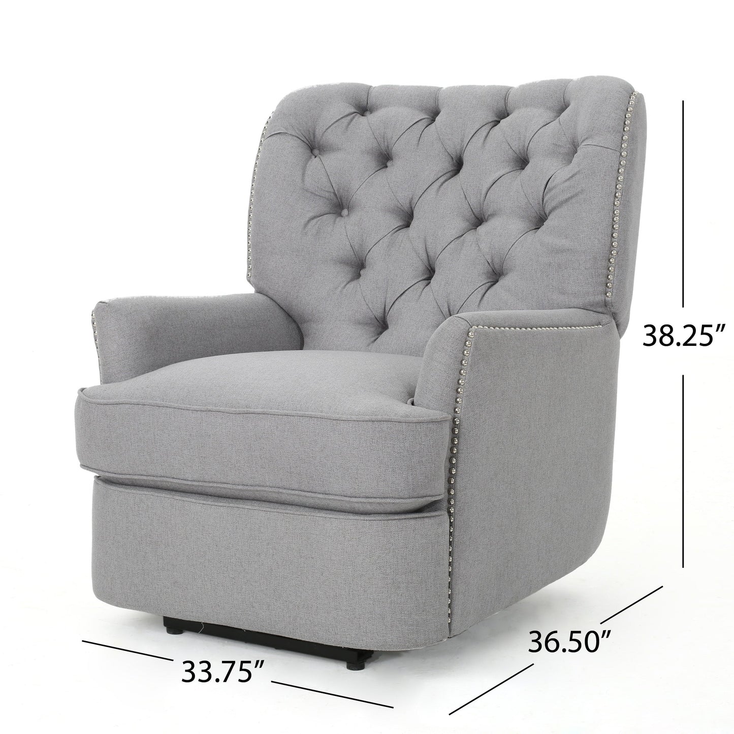 Fauteuil inclinable électrique, tissu doux gris capitonné à boutons, touches cuivrées
