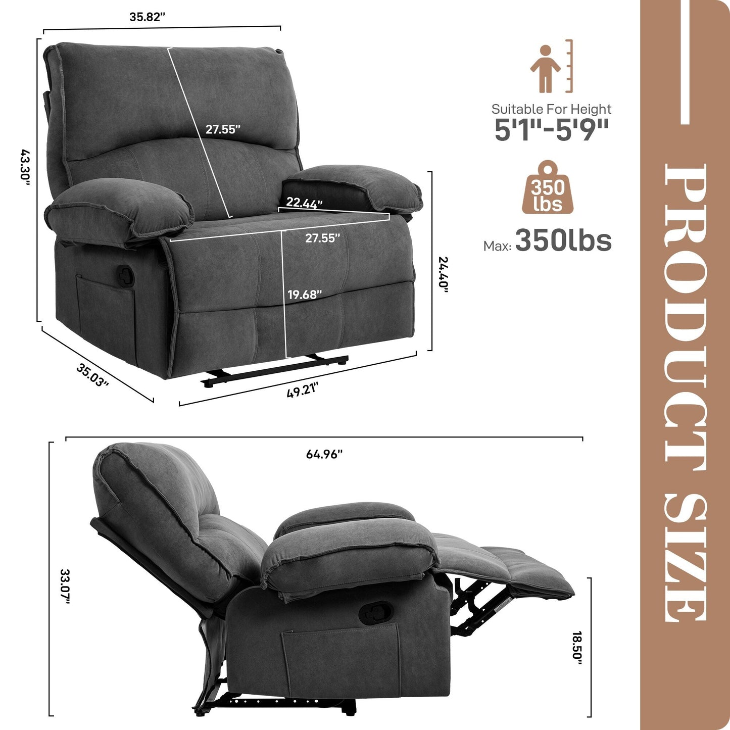 Fauteuil inclinable avec coussin de massage, assise large et montage facile