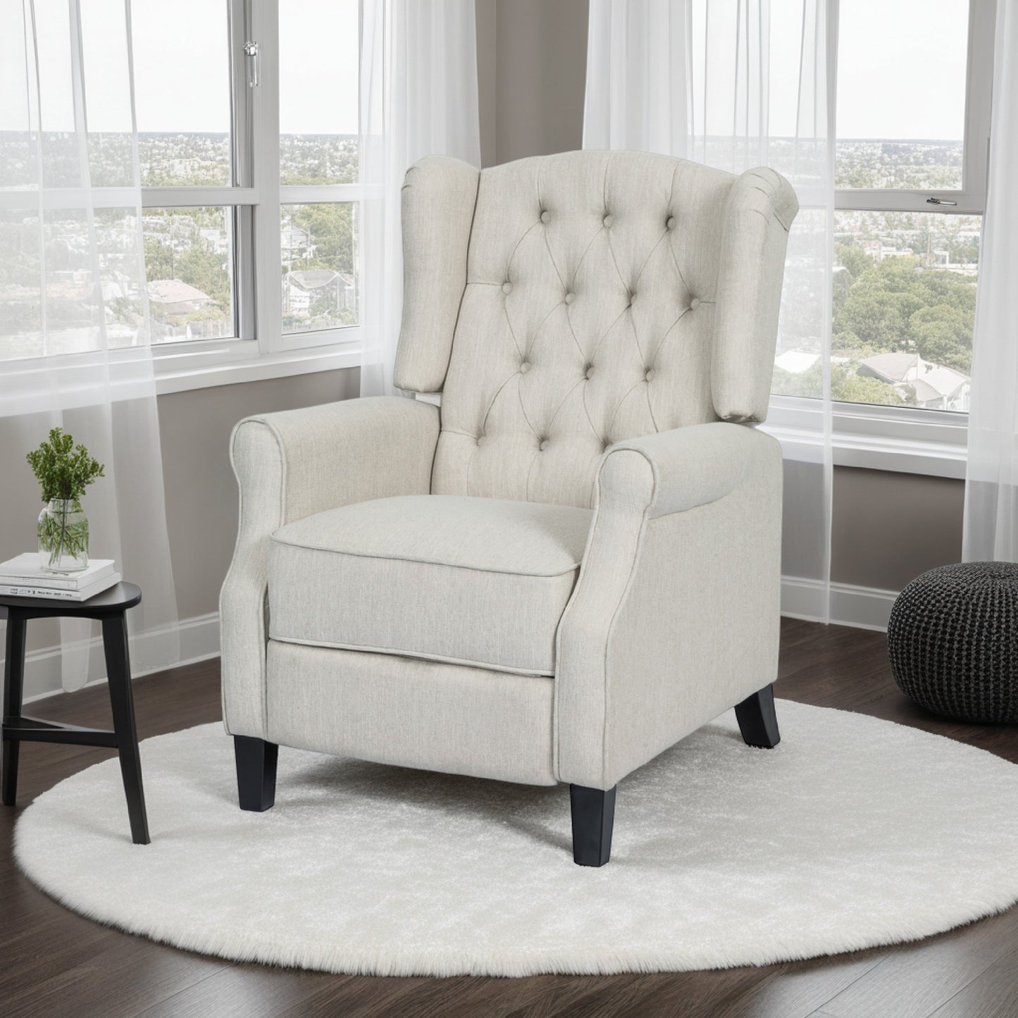 Fauteuil inclinable à dossier relevable, bois de bouleau brun foncé, tissu capitonné beige