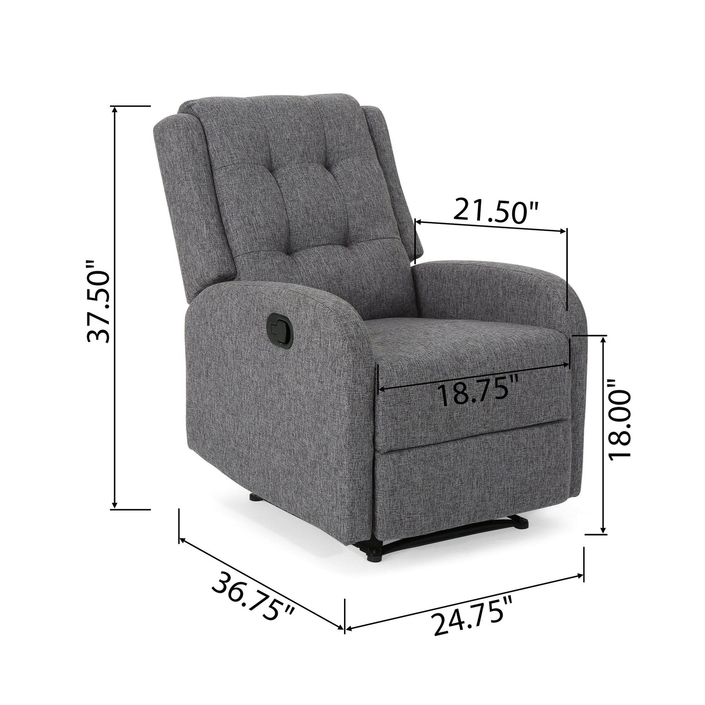 Fauteuil inclinable, tirette manuelle, tissu gris anthracite capitonné à boutons