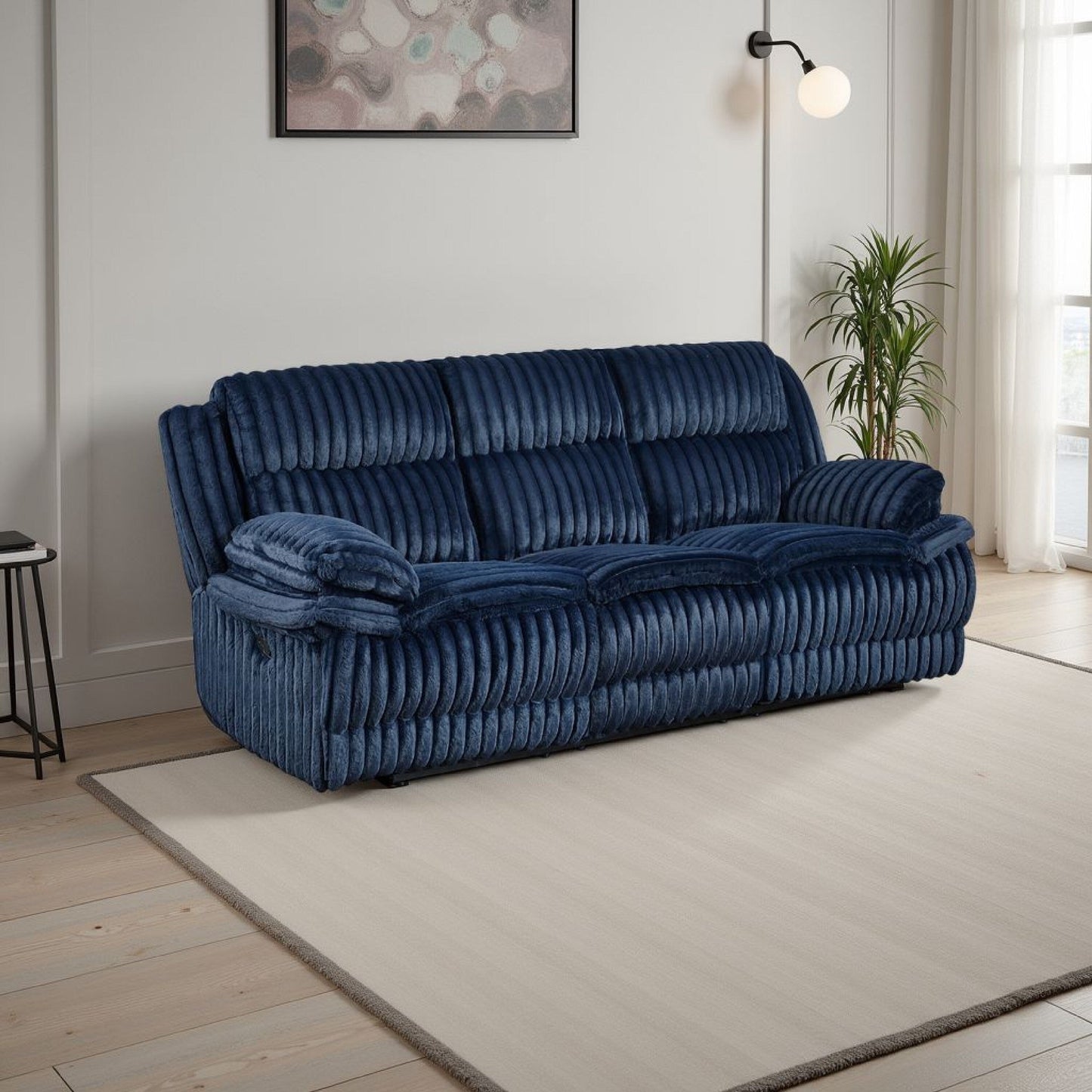 Canapé inclinable manuel double Rexy, velours côtelé bleu texturé, 95 pouces