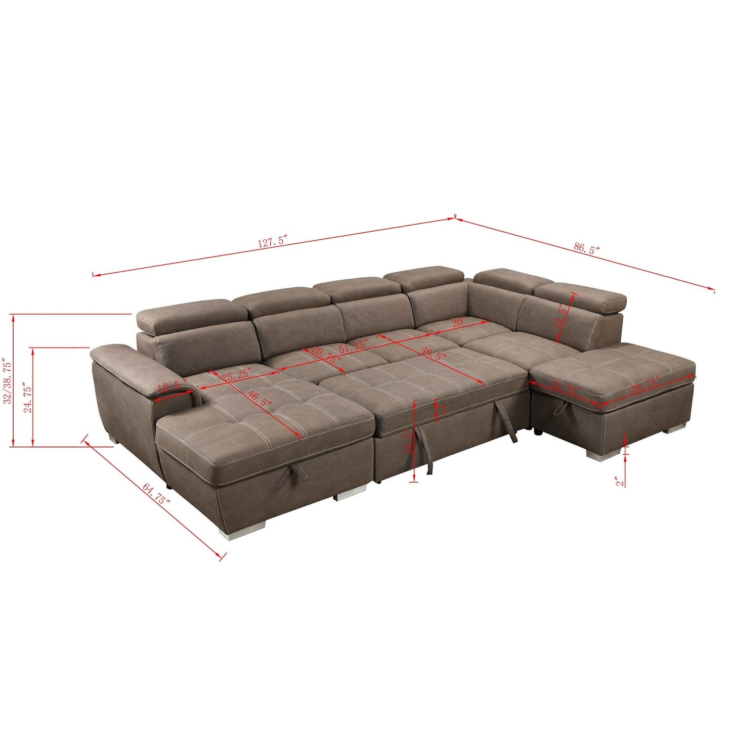 Canapé sectionnel en U Roomfitters 128 avec poufs, ensemble de canapés modulaires réversibles avec rangement