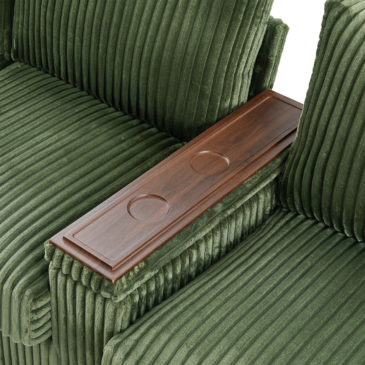 Canapé 4 places moderne en velours côtelé Roomfitters avec ports USB, accoudoirs de rangement dissimulés et porte-gobelets rabattables pour le salon