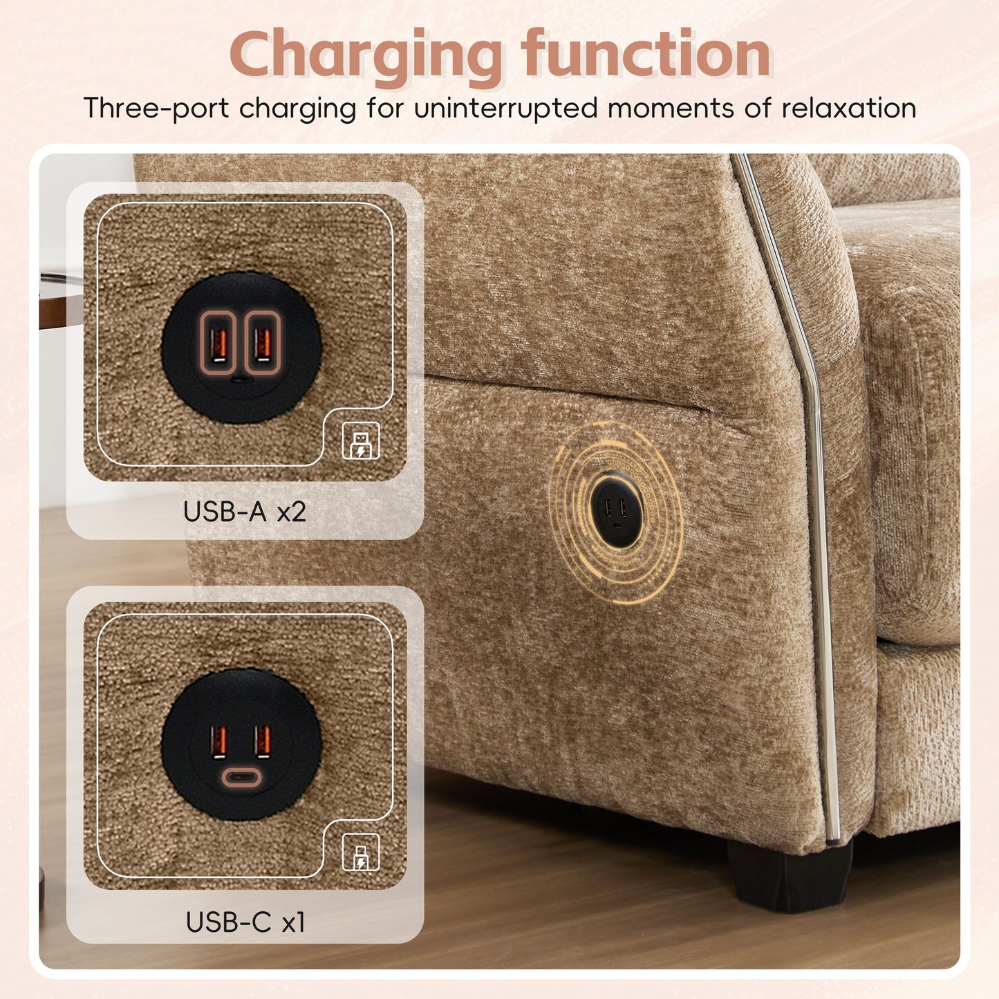 Canapé modulaire en L Roomfitters avec large assise en chenille, chargeur USB Type-C et pouf, accoudoirs en pétales, mousse haute