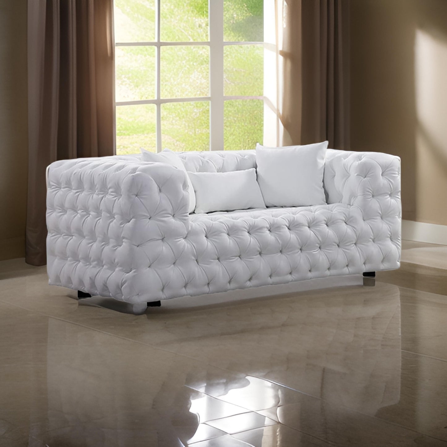 Canapé Sam, similicuir capitonné blanc, coussins décoratifs, Chesterfield, 213 cm