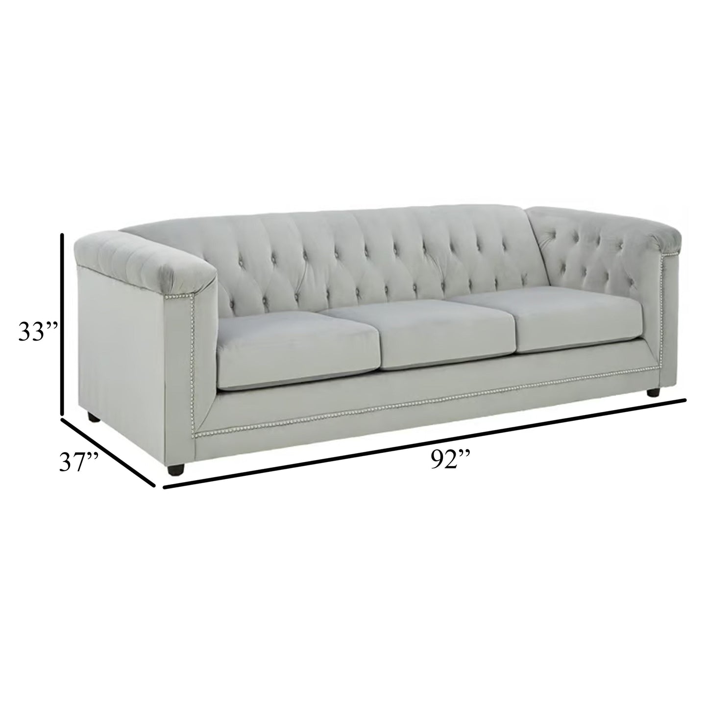 Canapé Sanoi, 92 pouces, capitonné, velours gris doux, garnitures cloutées