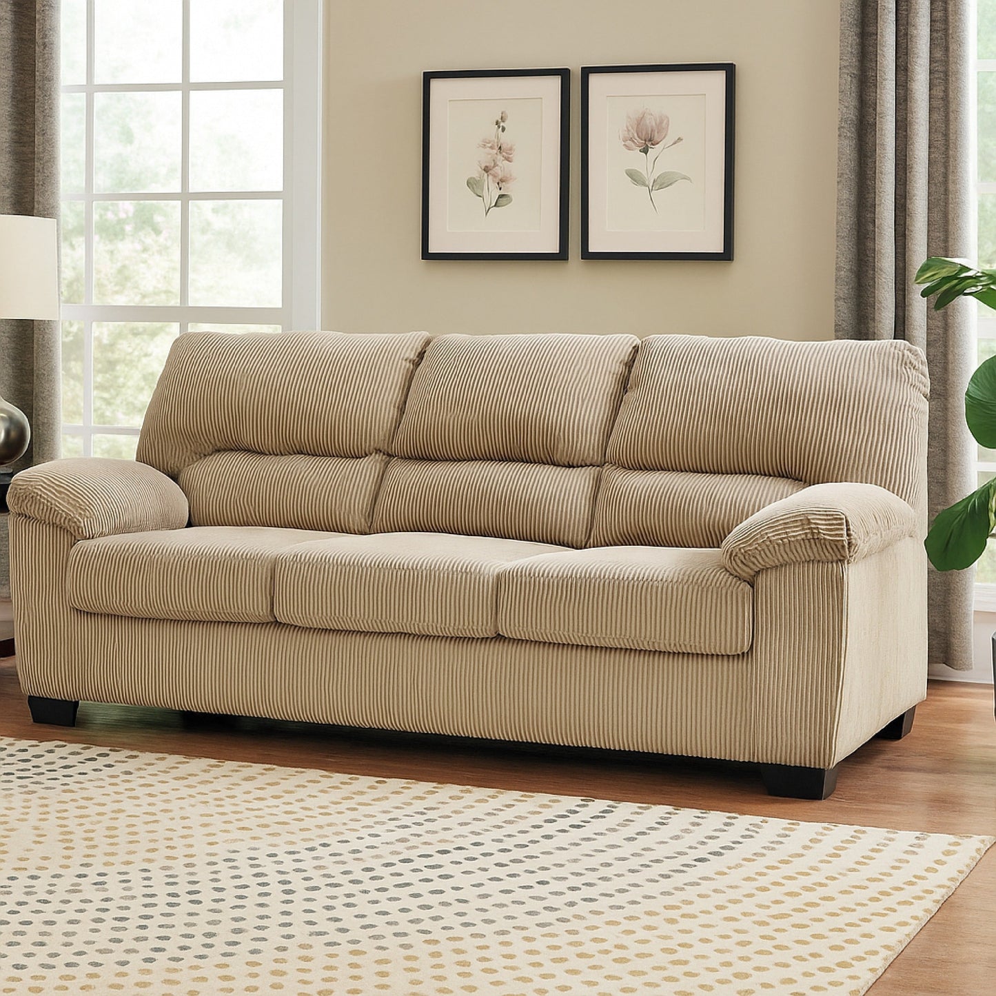 Canapé Simy, 83 pouces, style moderne, beige sable, polyester, accoudoirs coussinés