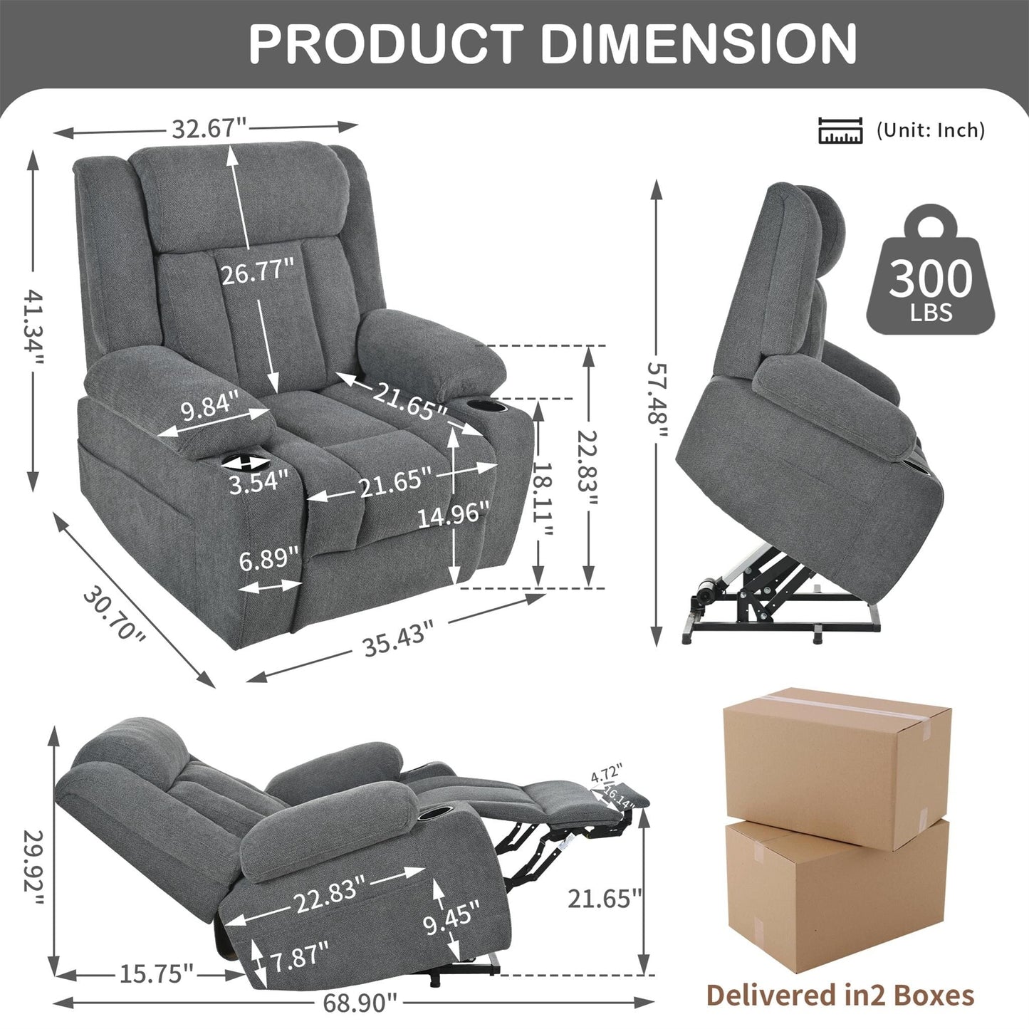 Fauteuil inclinable électrique en velours Snowflake avec repose-pieds allongé