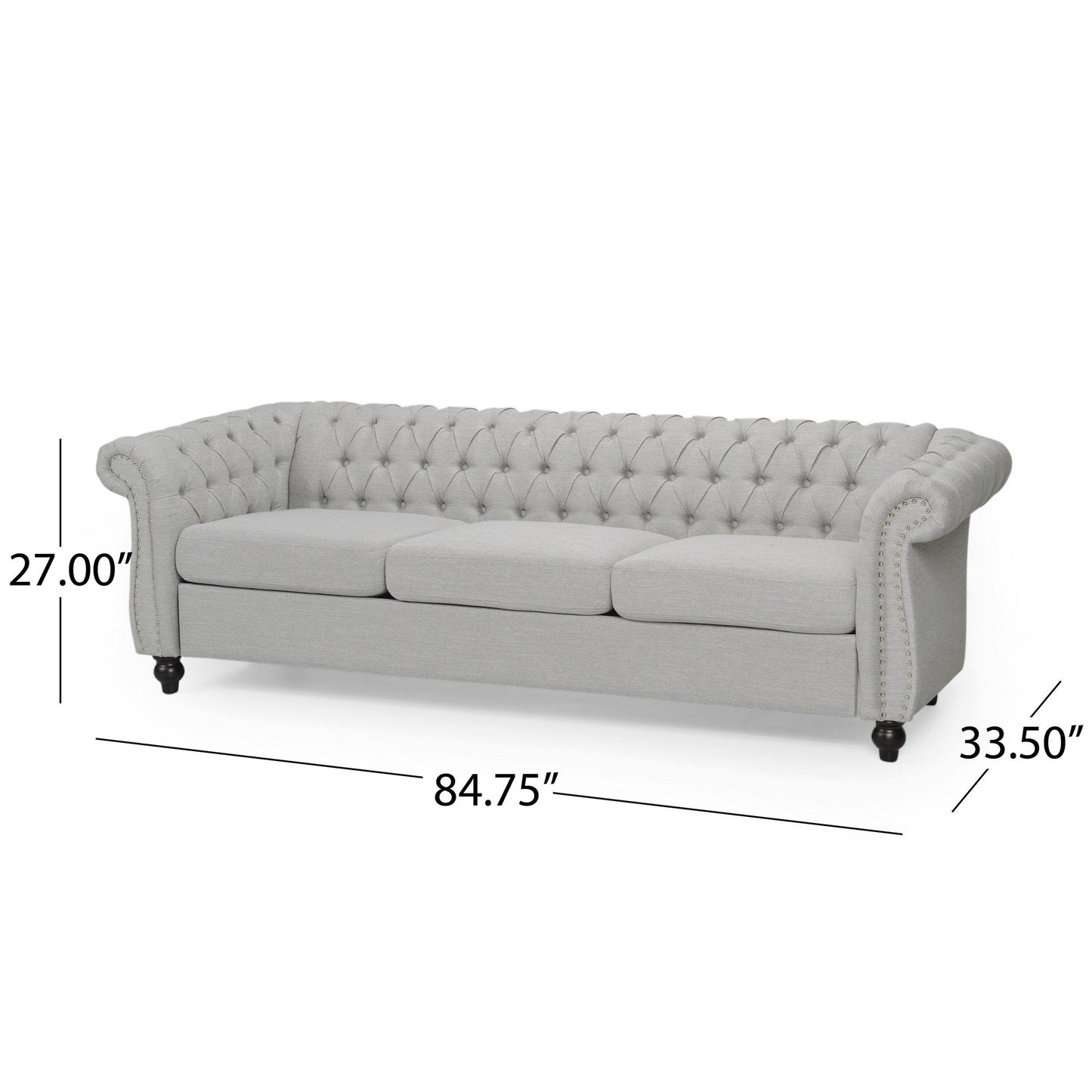 Canapé Chesterfield 85 pouces, tissu capitonné gris clair