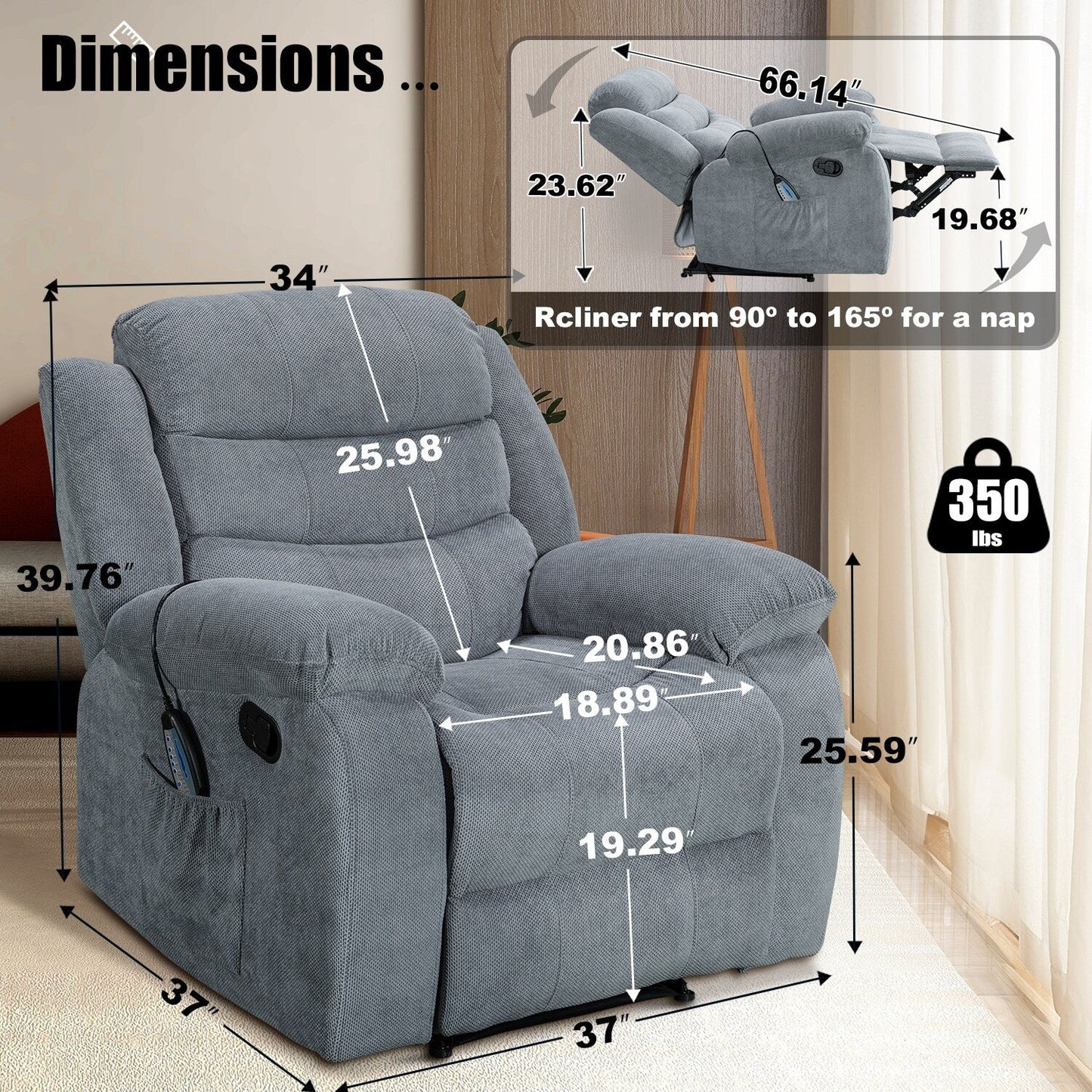 Fauteuil inclinable souple avec fonction massage et chauffage