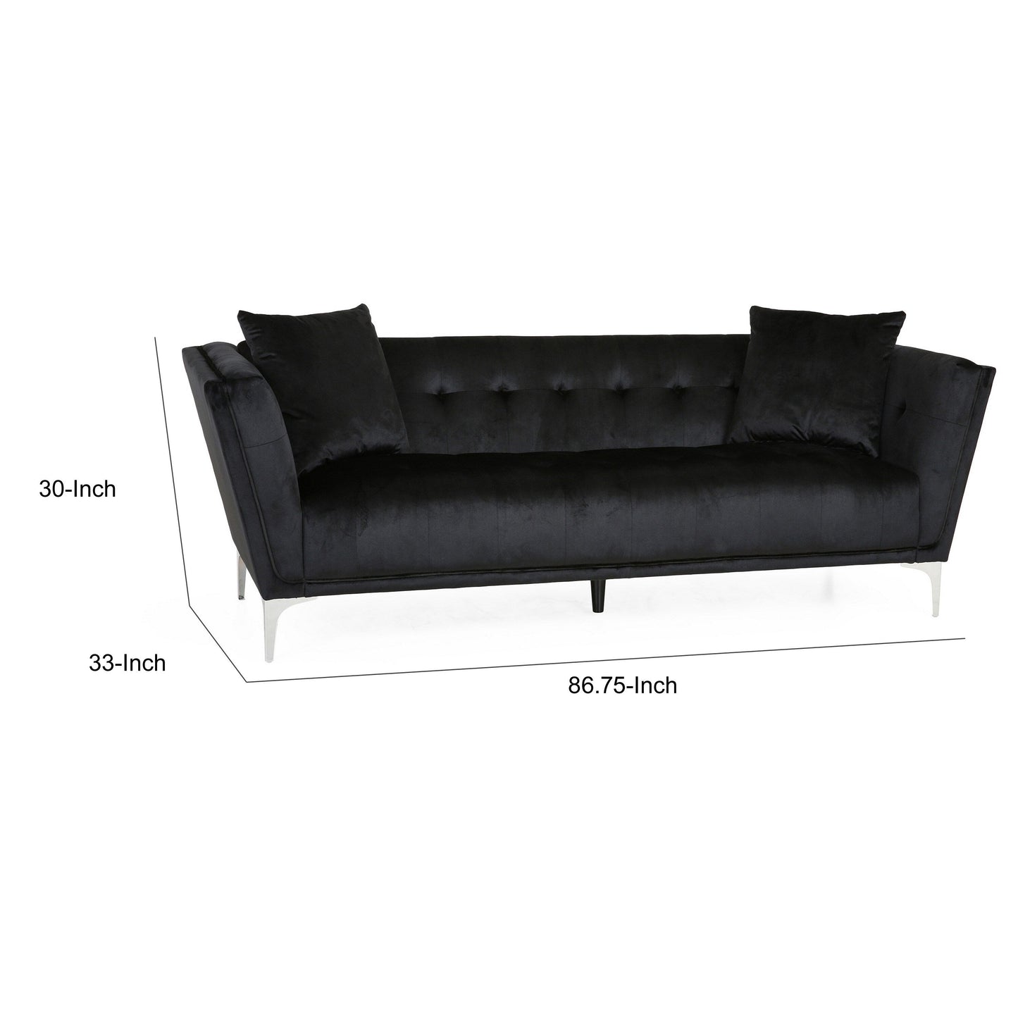 Canapé Sofy, Chesterfield moderne de 87 pouces, velours noir élégant avec 2 oreillers