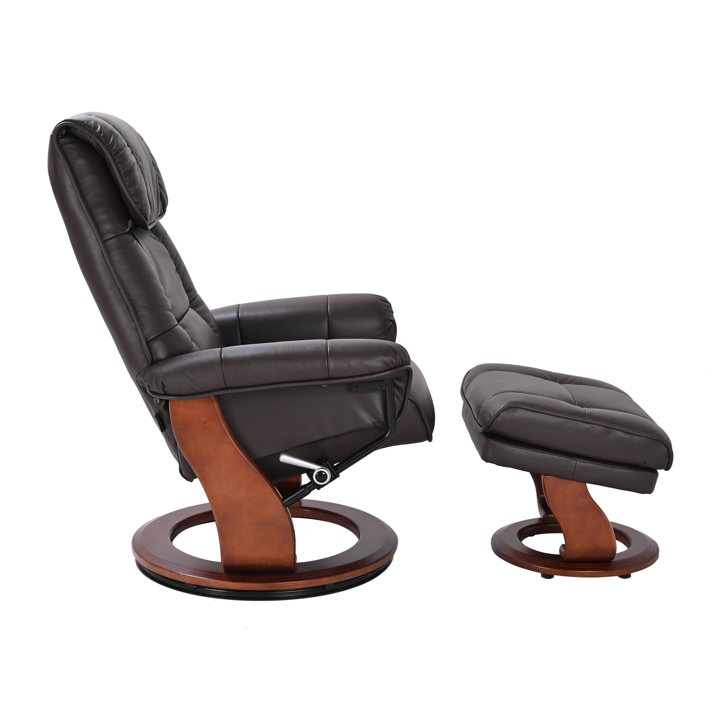 Fauteuil inclinable pivotant en cuir avec pouf de rangement assorti