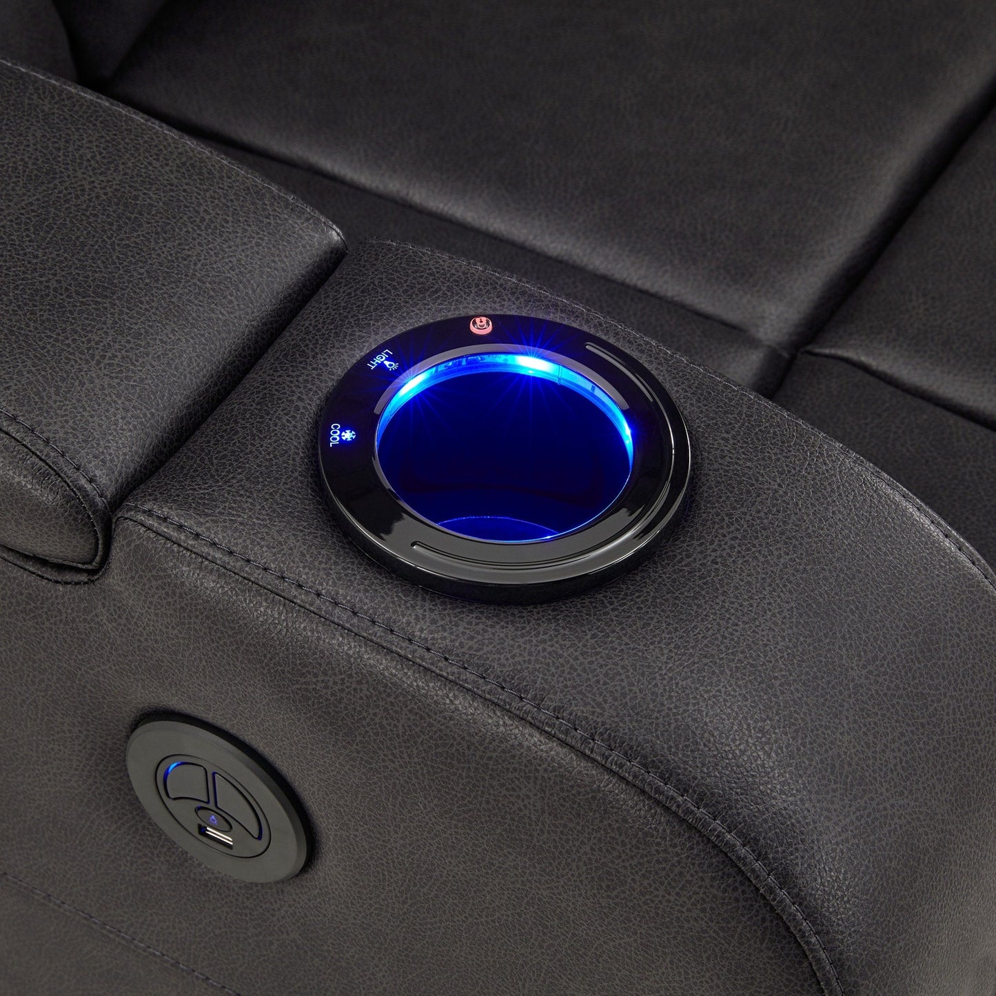 Fauteuil inclinable électrique à LED en cuir vegan gris Terlingua avec haut-parleur, rangement, port USB et chargeur sans fil par iNSPIRE Q Classic