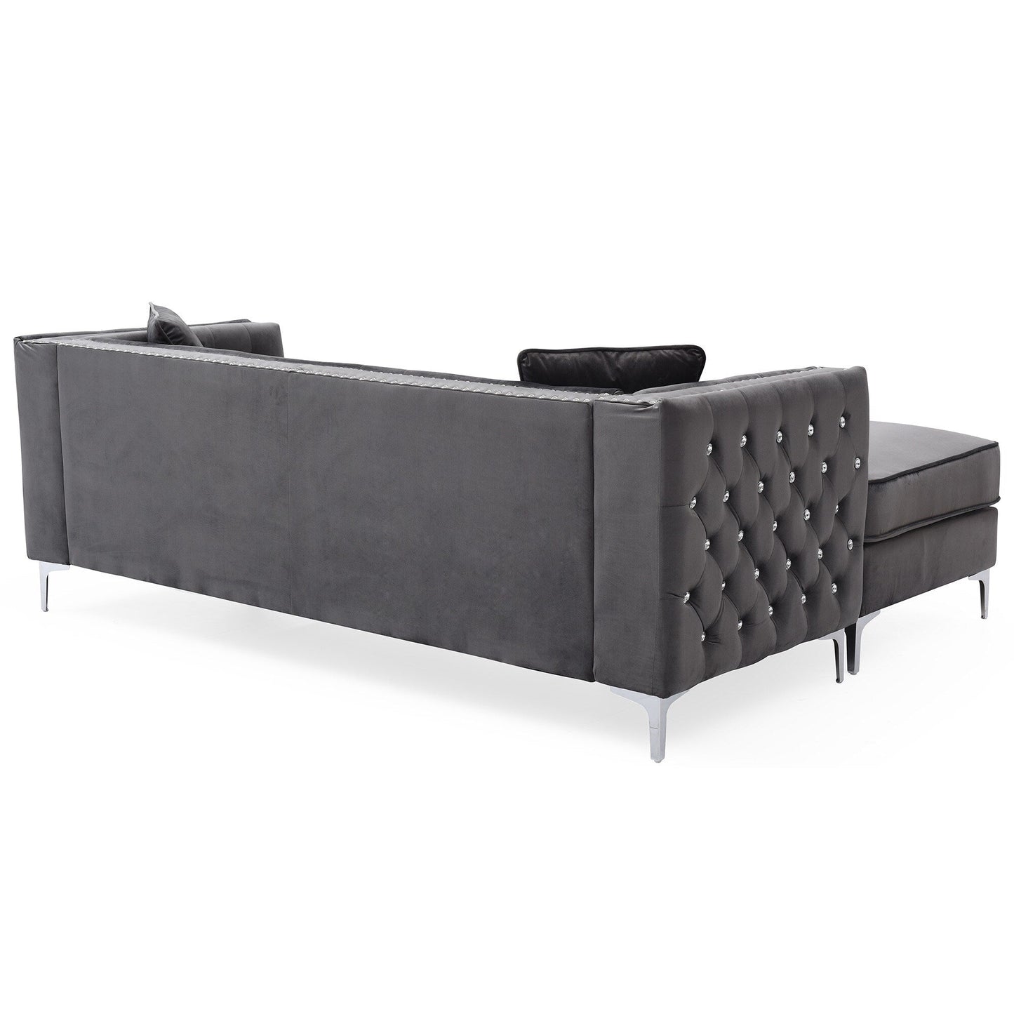 Canapé 3 places en L en velours capitonné avec coussins décoratifs - 87 - Gris