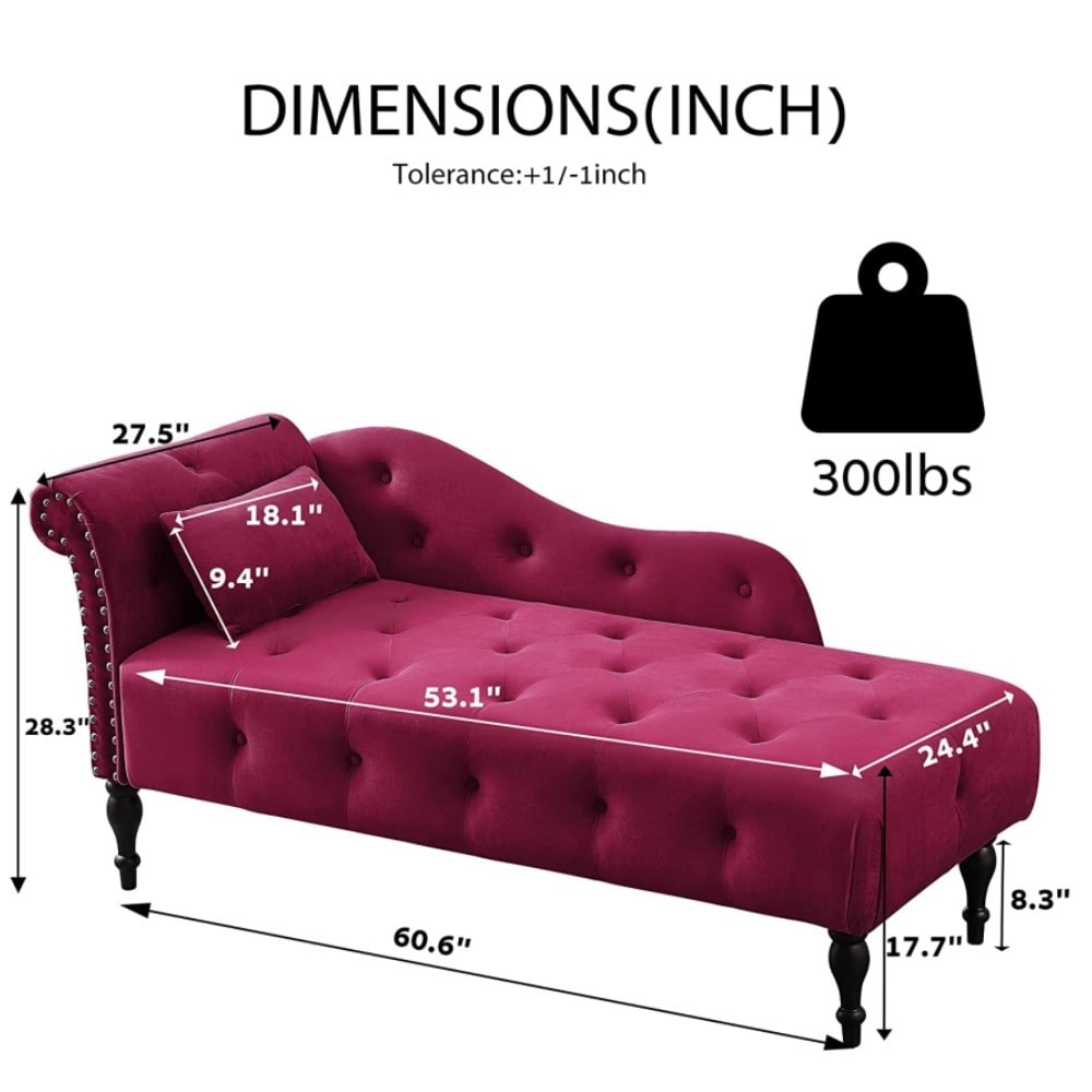 Chaise longue en velours 61 avec 1 oreiller et garniture cloutée