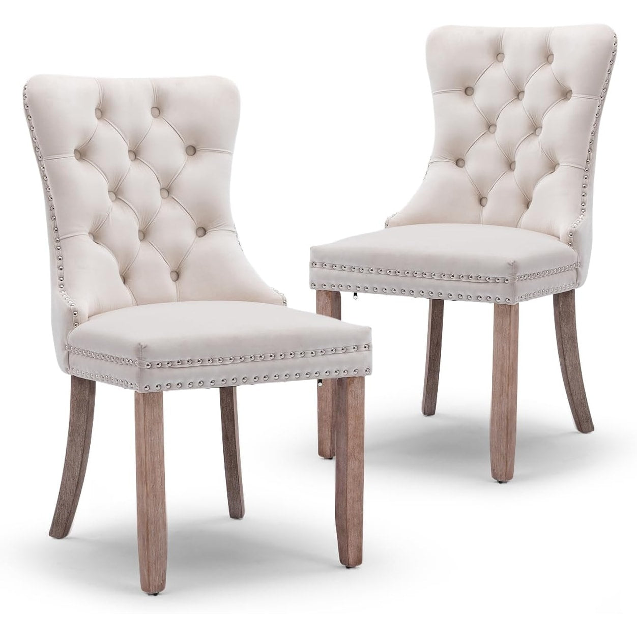 Lot de 2 chaises de salle à manger en velours, capitonnées, avec dossier clouté et garniture à anneau – 64 x 50 x 95 cm