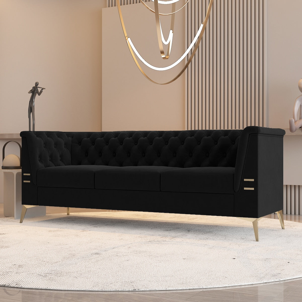 Canapé 3 places rembourré en velours, canapé de salon moderne avec capitonnage à boutons profonds et pieds en métal, accoudoirs carrés
