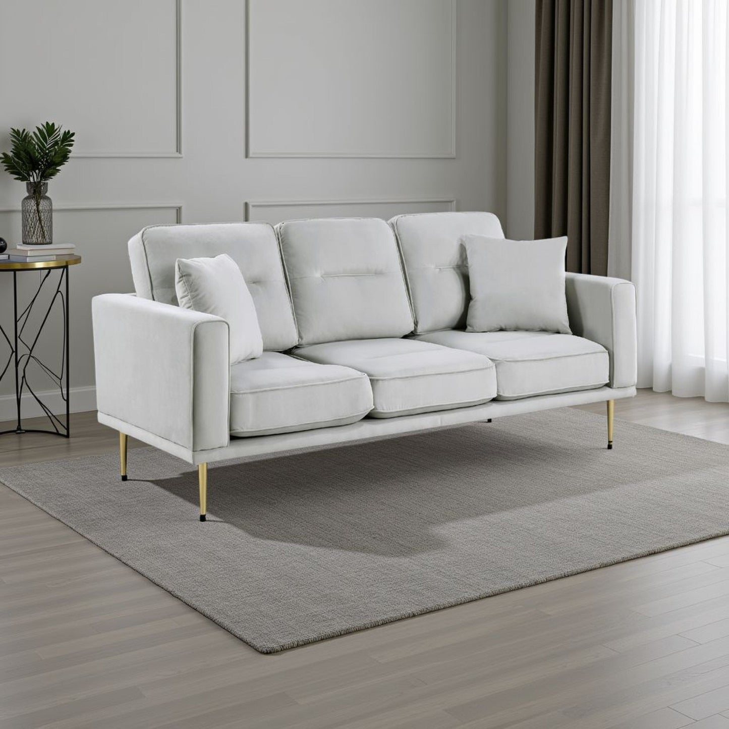 Canapé Voxo, assise rembourrée en velours gris, deux coussins décoratifs, 82 pouces