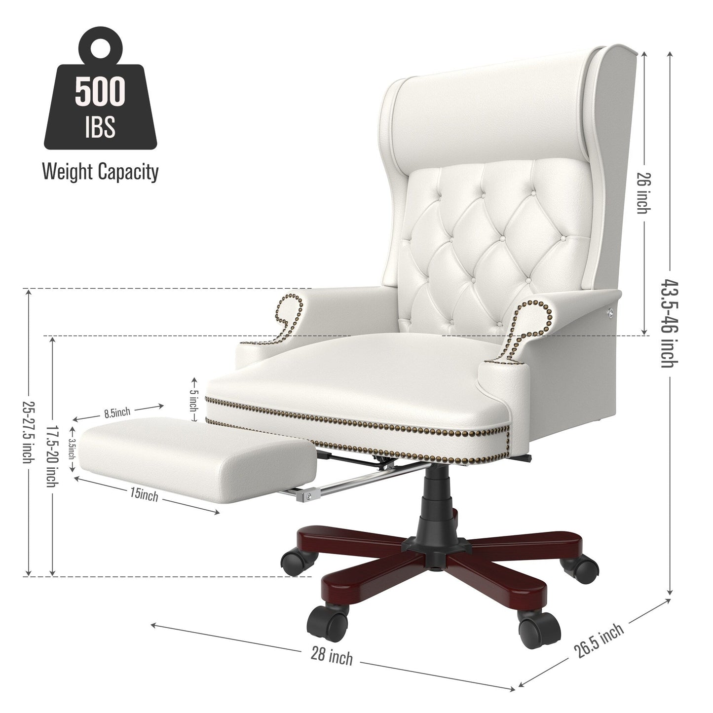 Fauteuil de bureau pivotant ergonomique en similicuir blanc avec repose-pieds, dossier capitonné et décoration cloutée