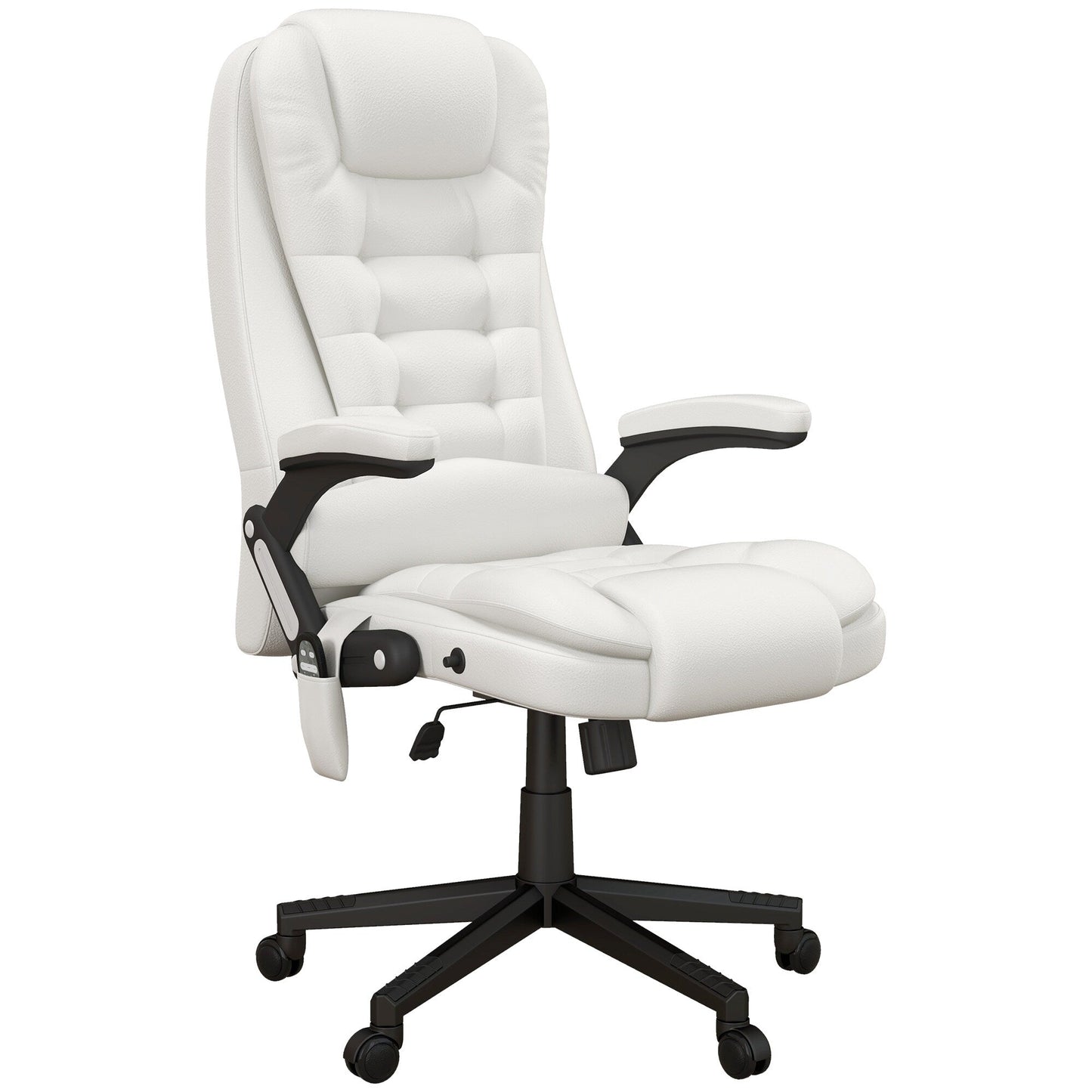 Fauteuil de bureau inclinable pivotant à 360° en cuir PU blanc avec dossier haut, massage par vibrations, chauffage lombaire et hauteur réglable