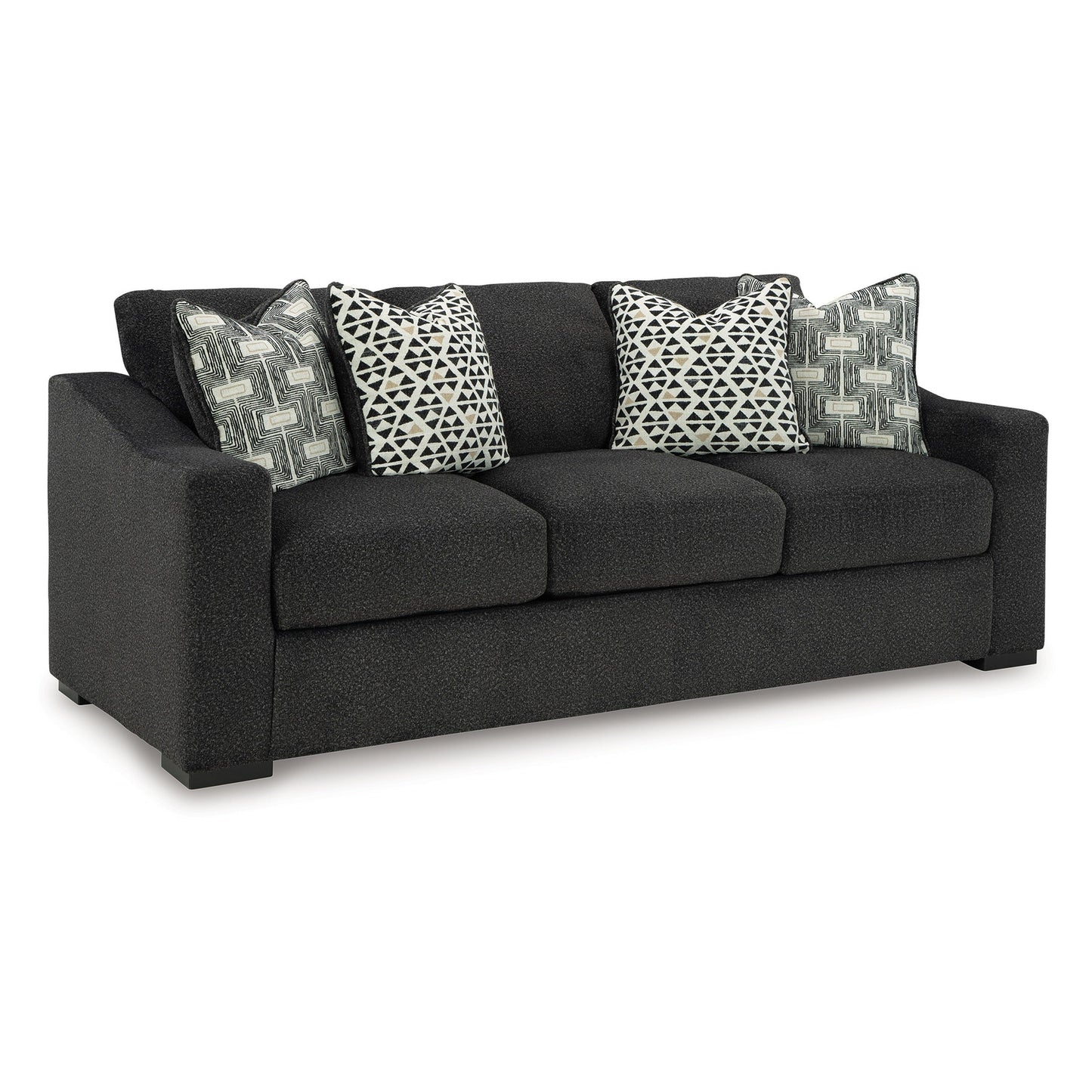 Canapé Wryen, polyester noir onyx, 4 coussins décoratifs, 236 cm