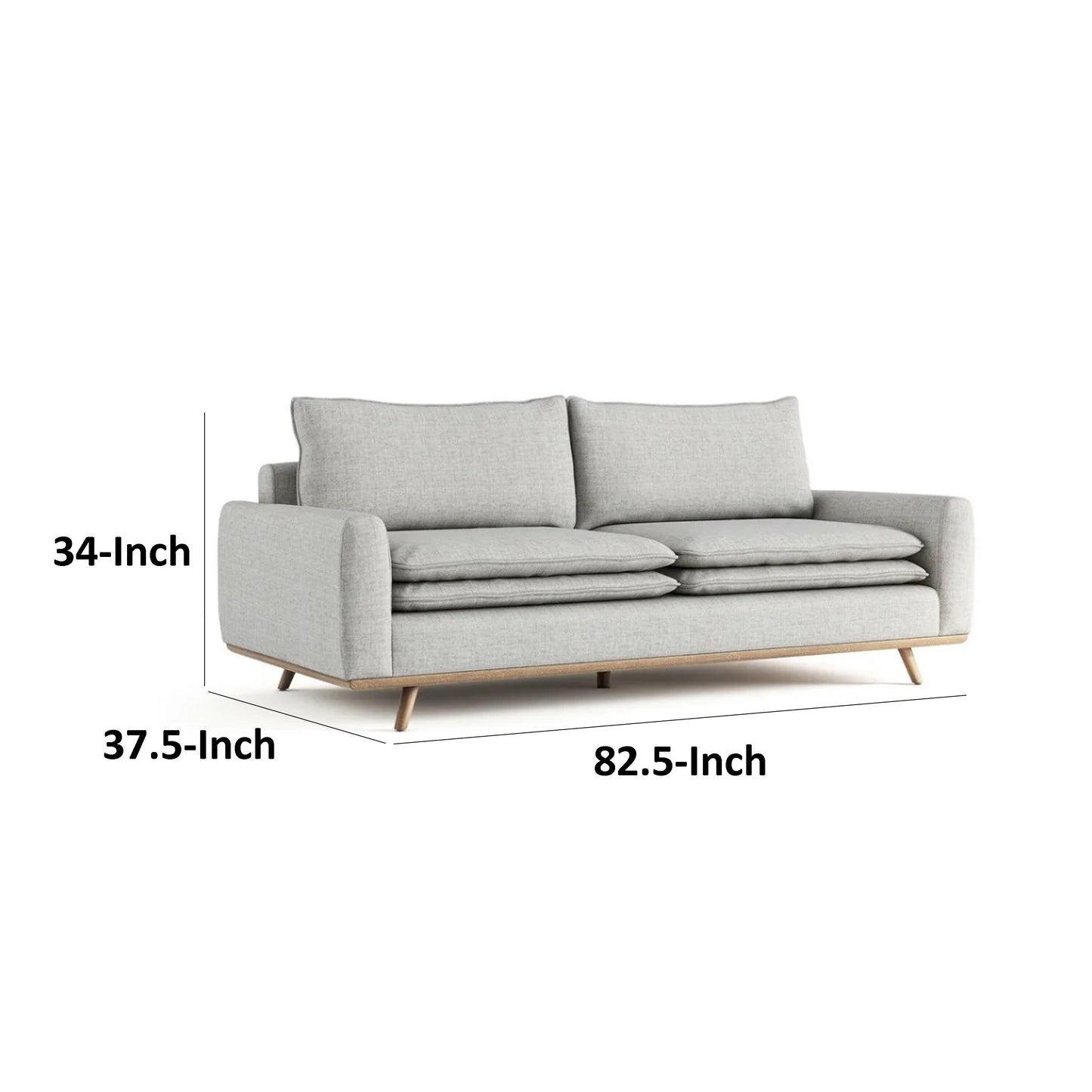 Canapé Yaana, coussin en plumes mélangées, bois de chêne brun, tissu gris, 210 cm