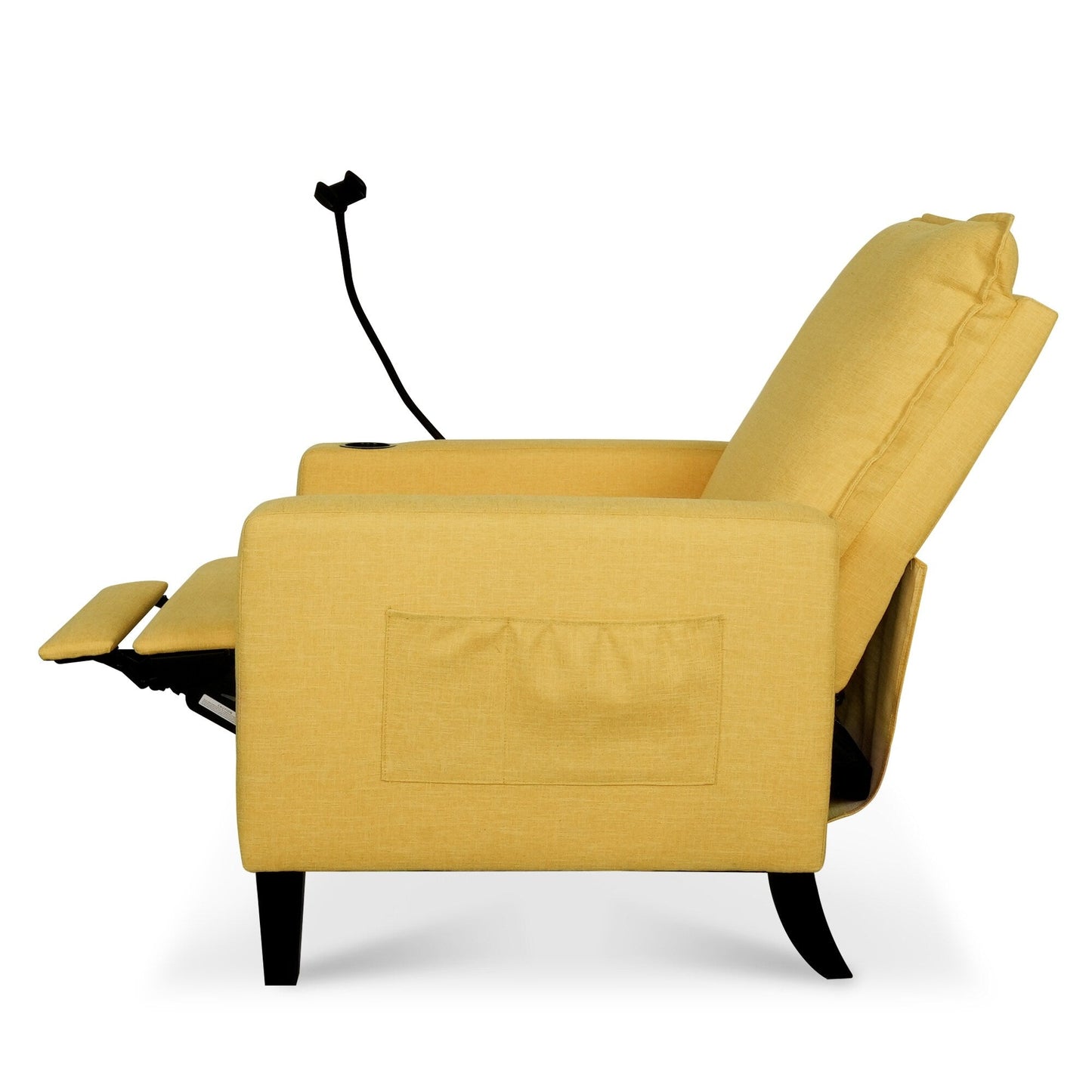 Fauteuil inclinable manuel moderne en tissu jaune avec support pour téléphone portable, porte-gobelet et repose-pieds