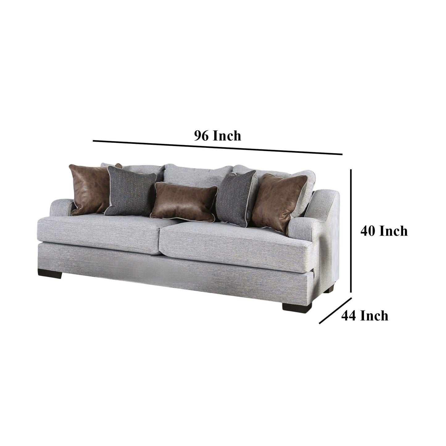Canapé Yeni, 4 coussins décoratifs et 1 coussin lombaire, 96 pouces, gris, marron