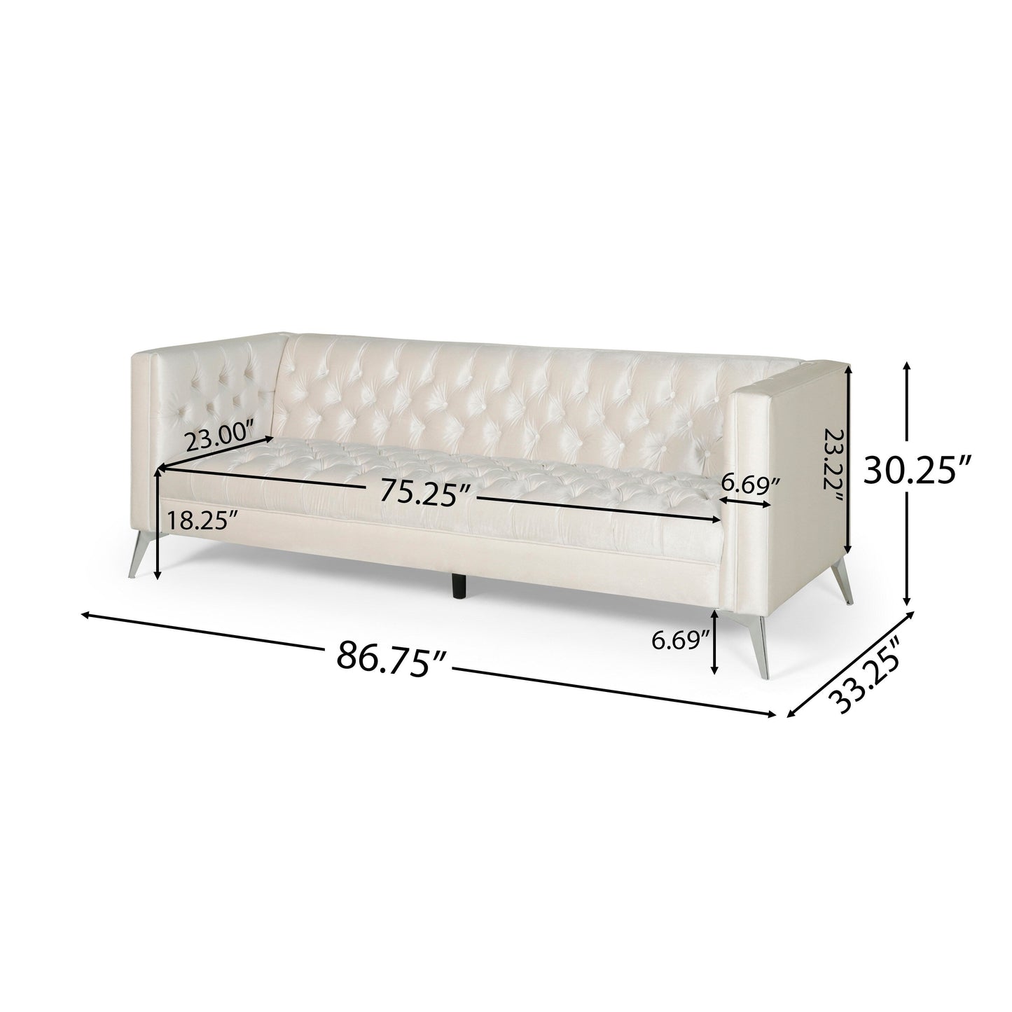 Canapé Zexy, 3 places, Chesterfield capitonné, velours beige, chrome