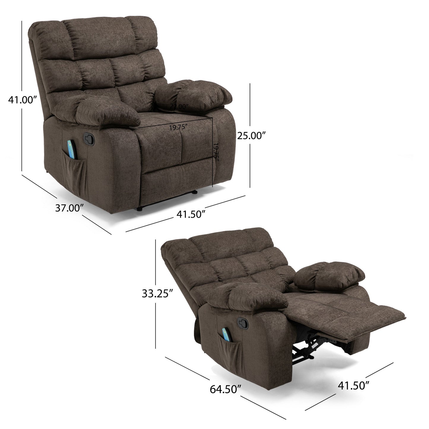 Fauteuil inclinable électrique Zoi, 5 modes de massage, tissu marron capitonné