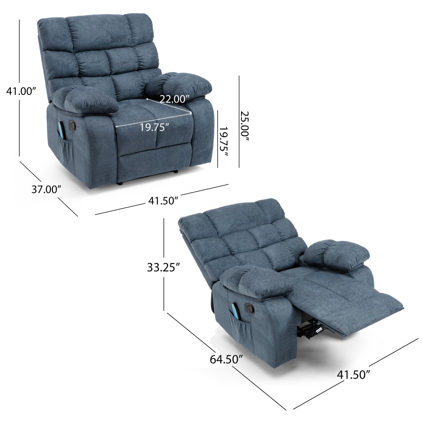 Fauteuil inclinable électrique Zoi, 5 modes de massage, tissu gris capitonné