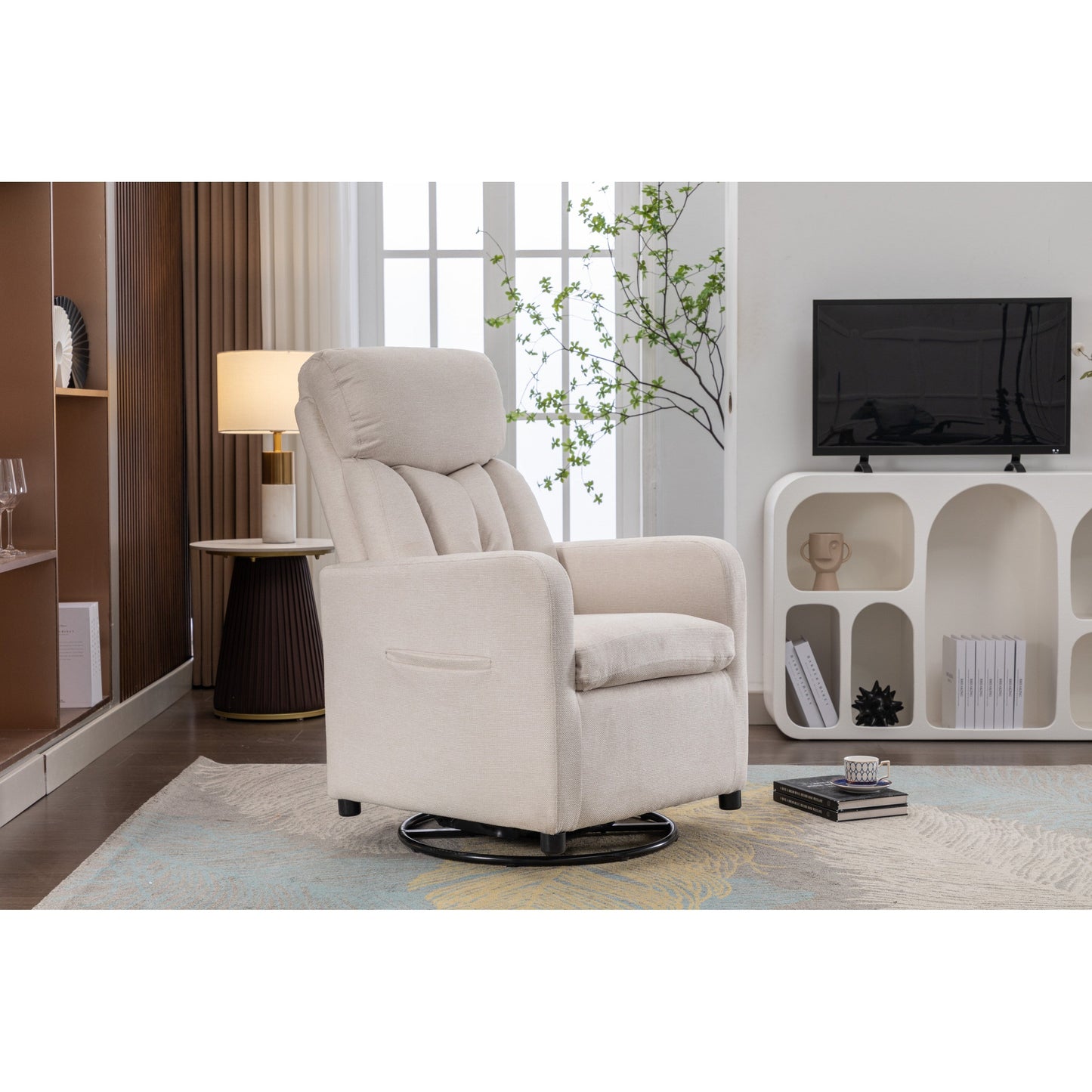 022-Fauteuil à bascule pivotant en tissu de lin Gilder Chair avec poche