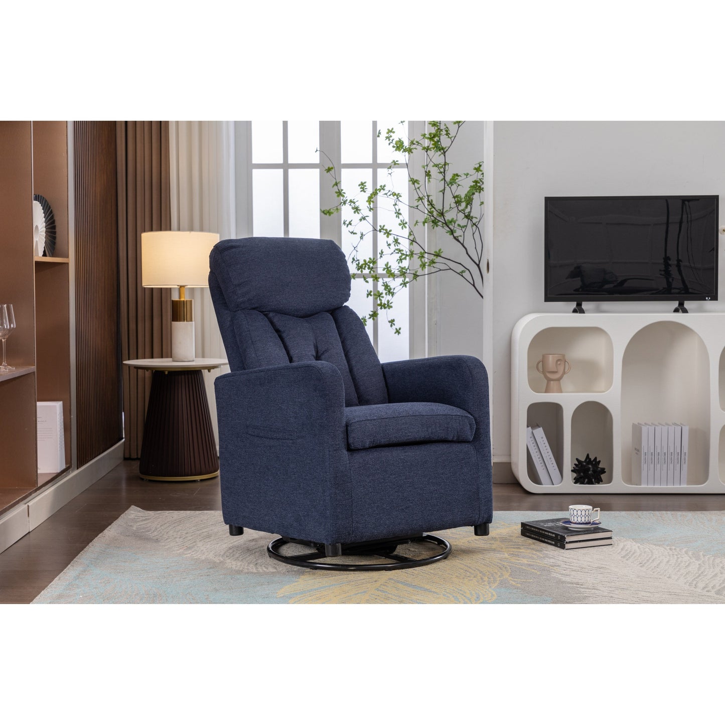 022-Fauteuil à bascule pivotant en tissu de lin Gilder Chair avec poche