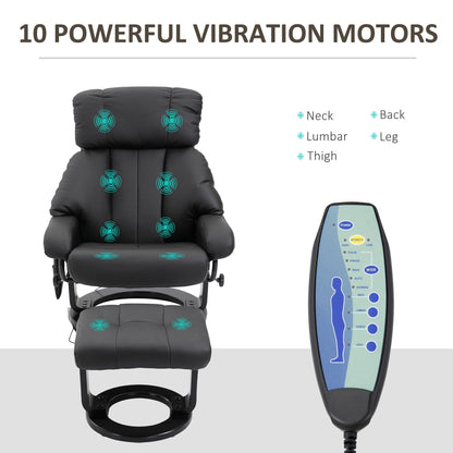 Fauteuil de massage à vibrations à 10 points, pivotant et inclinable, en cuir PU, avec dossier réglable, repose-pieds et télécommande