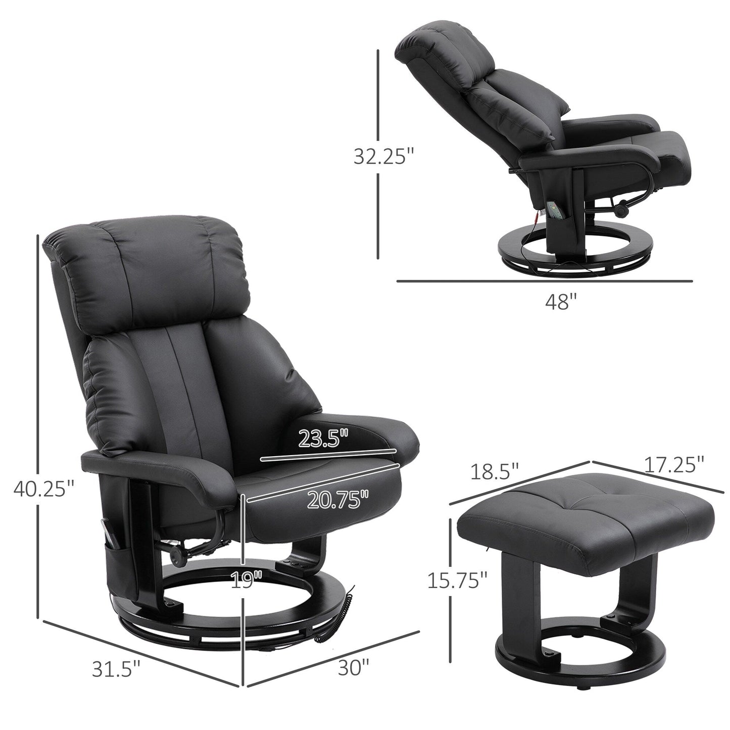 Fauteuil de massage à vibrations à 10 points, pivotant et inclinable, en cuir PU, avec dossier réglable, repose-pieds et télécommande