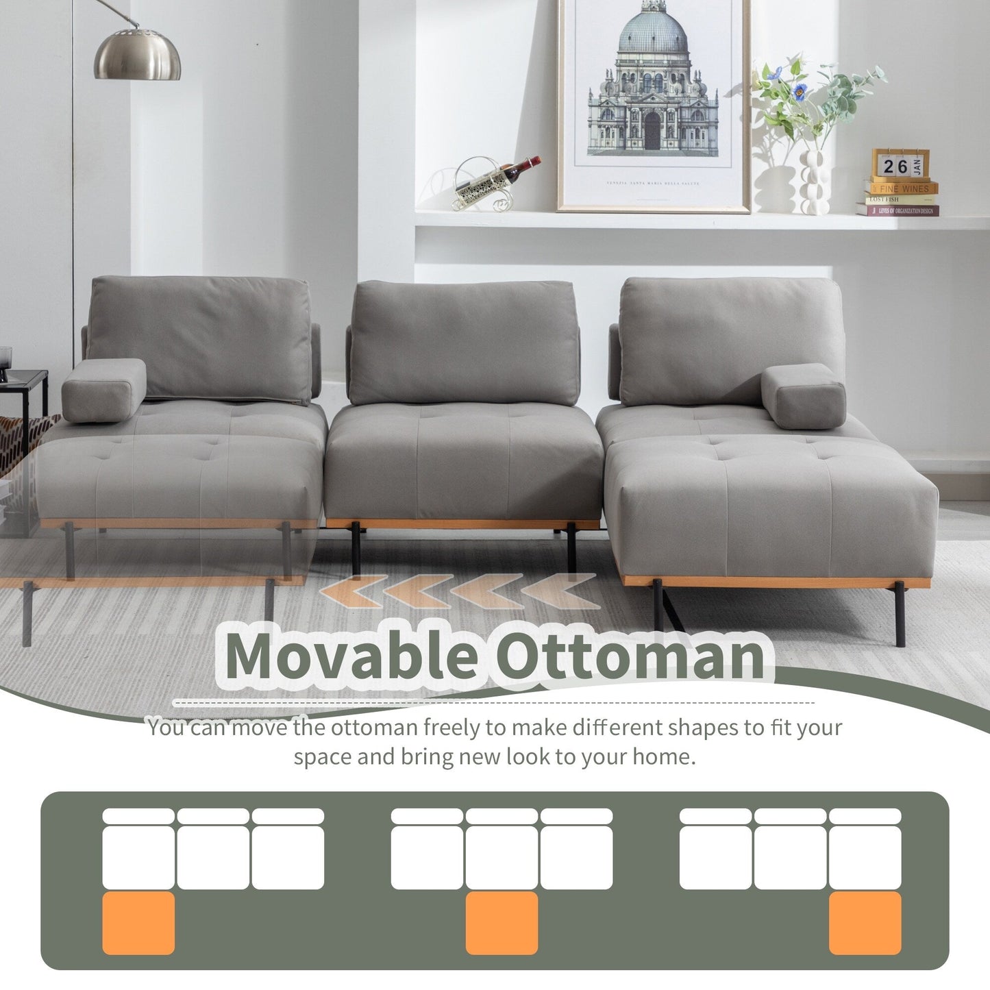 Canapé en L en tissu de 100,7 po avec pouf amovible et pieds en métal