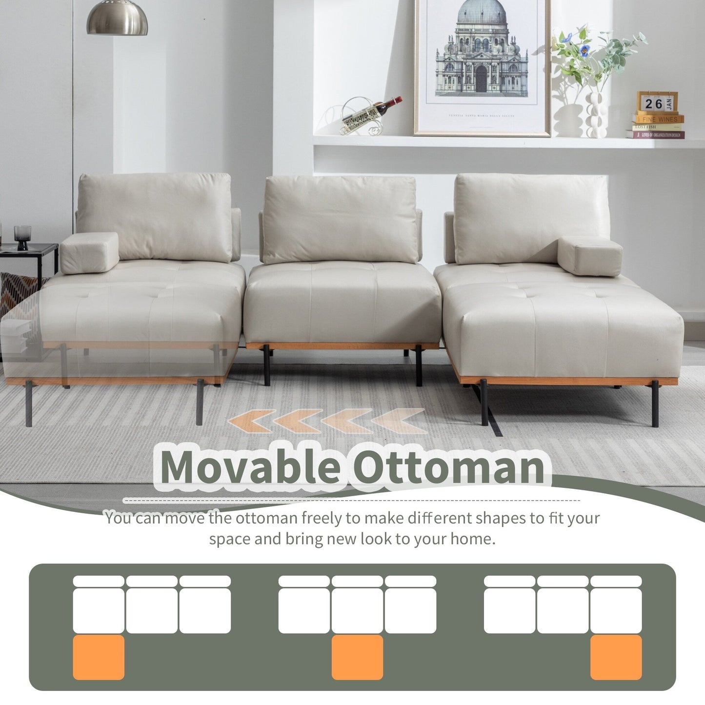 Canapé en L en tissu de 100,7 po avec pouf amovible et pieds en métal