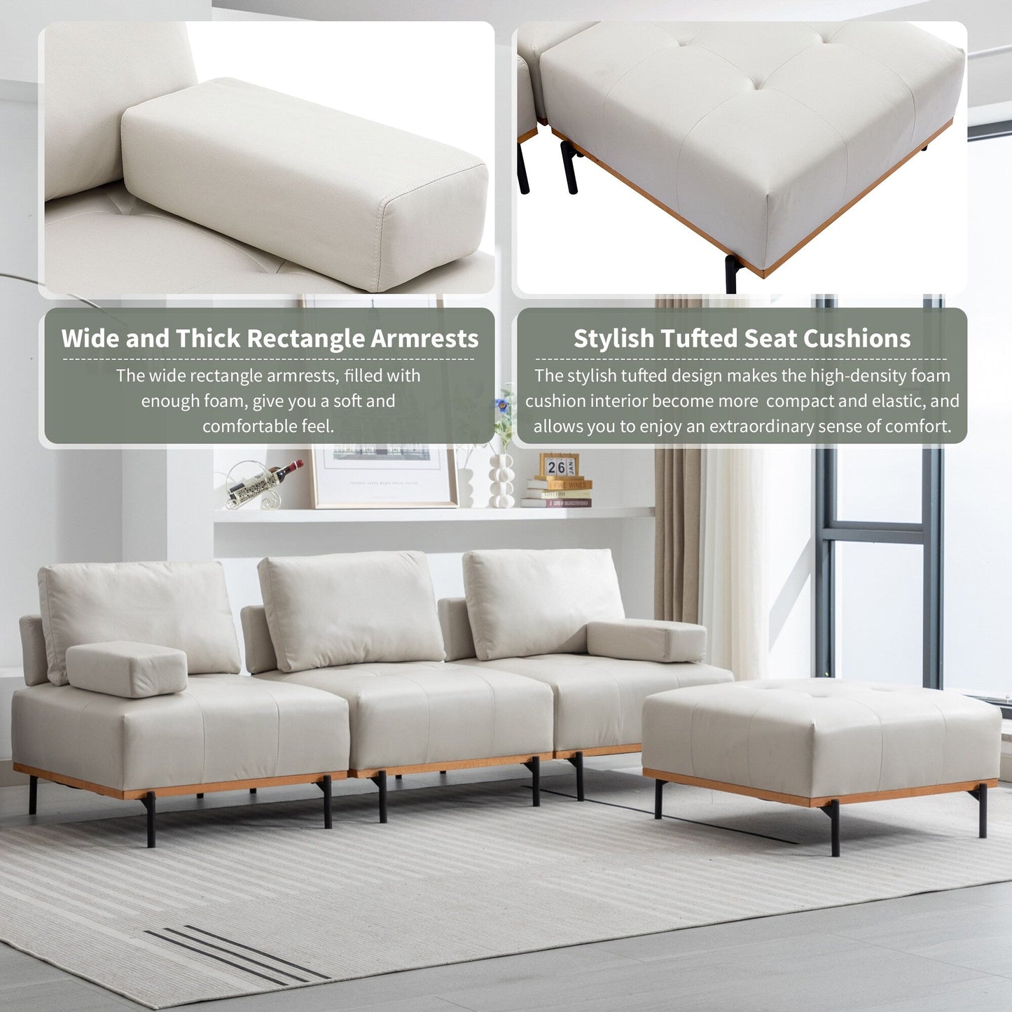 Canapé en L en tissu de 100,7 po avec pouf amovible et pieds en métal