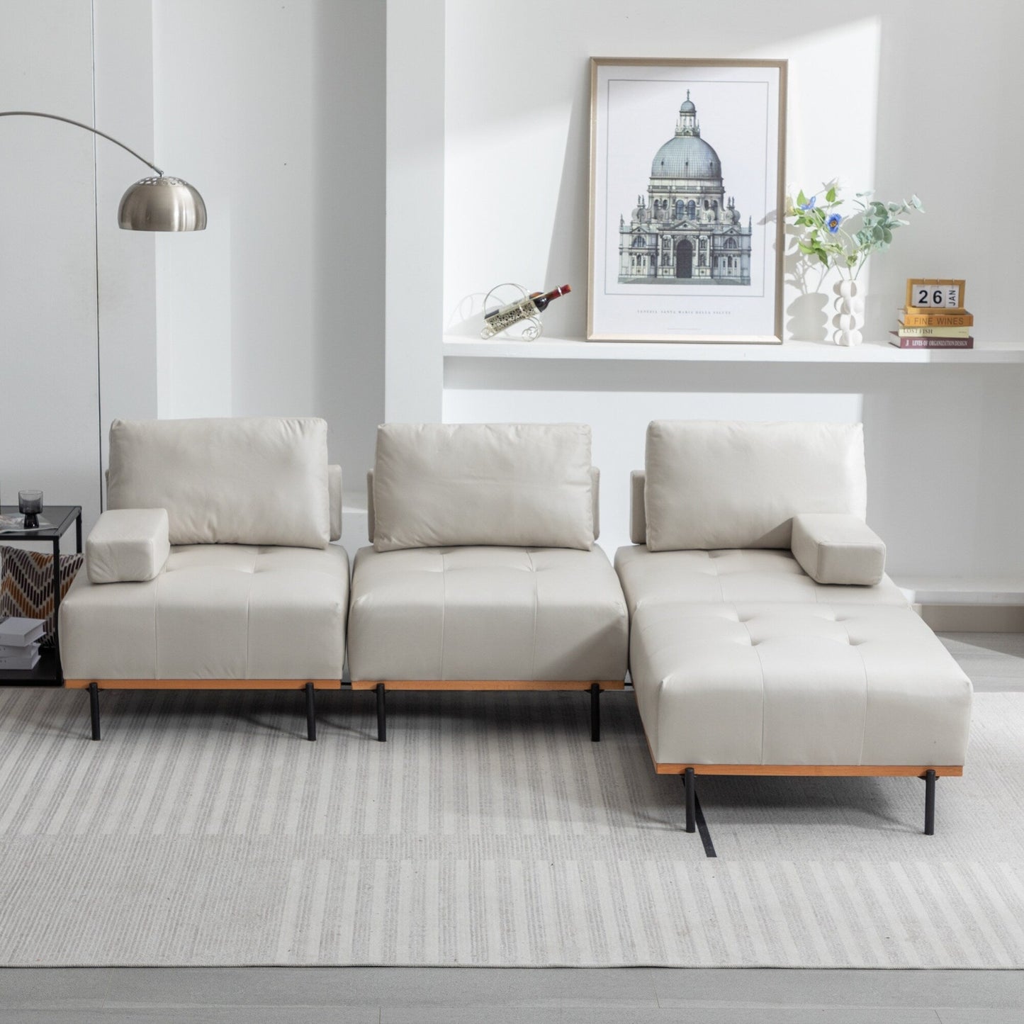 Canapé en L en tissu de 100,7 po avec pouf amovible et pieds en métal