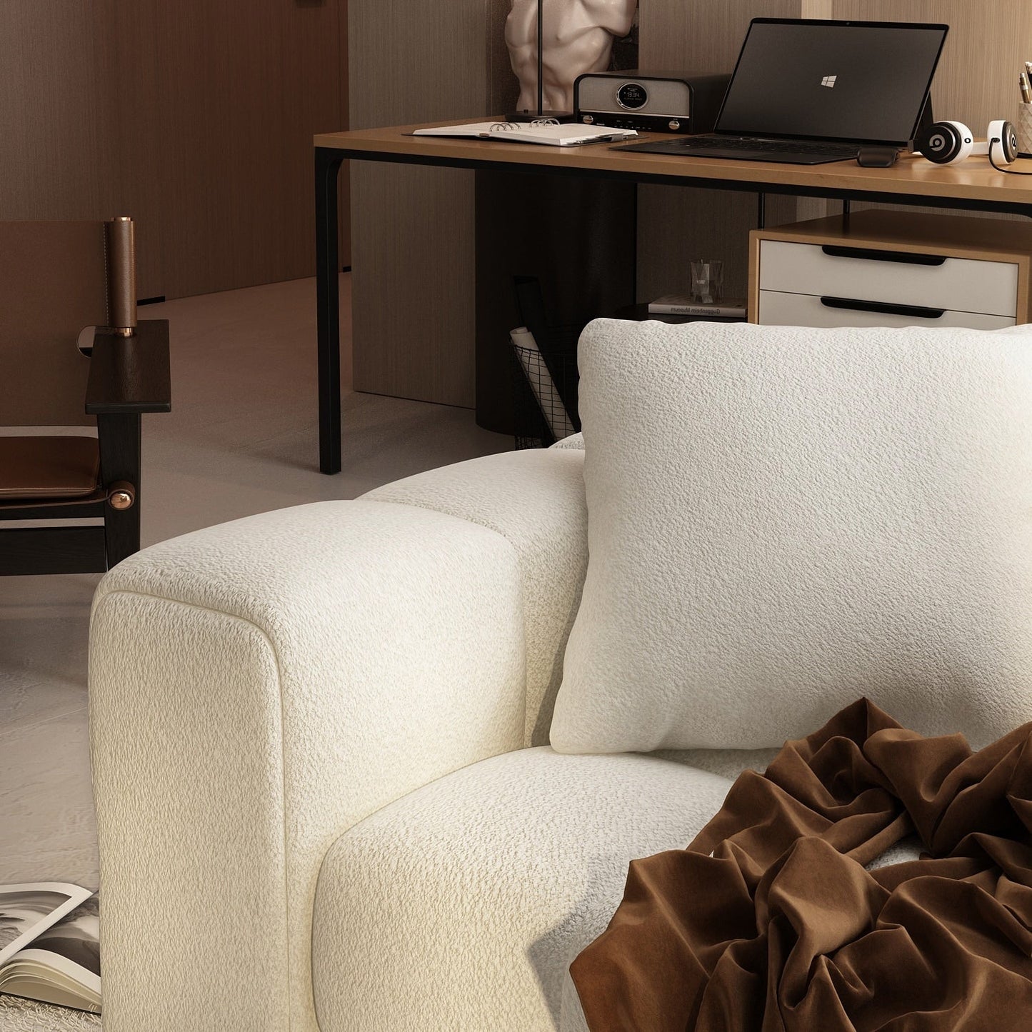 Canapé Teddy en velours blanc avec cadre en bois de 100,8 W pour 4 personnes