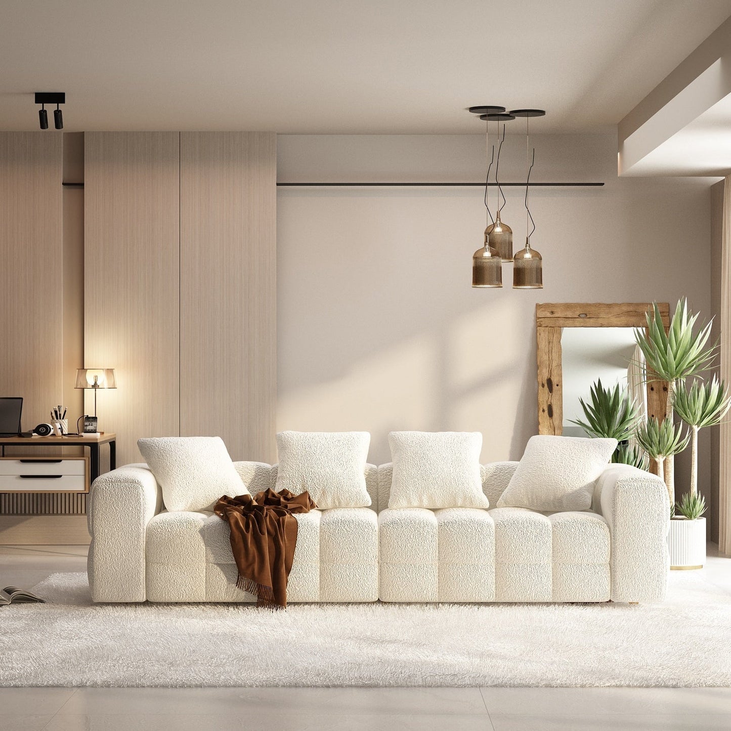 Canapé Teddy en velours blanc avec cadre en bois de 100,8 W pour 4 personnes