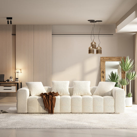 Canapé Teddy en velours blanc avec cadre en bois de 100,8 W pour 4 personnes