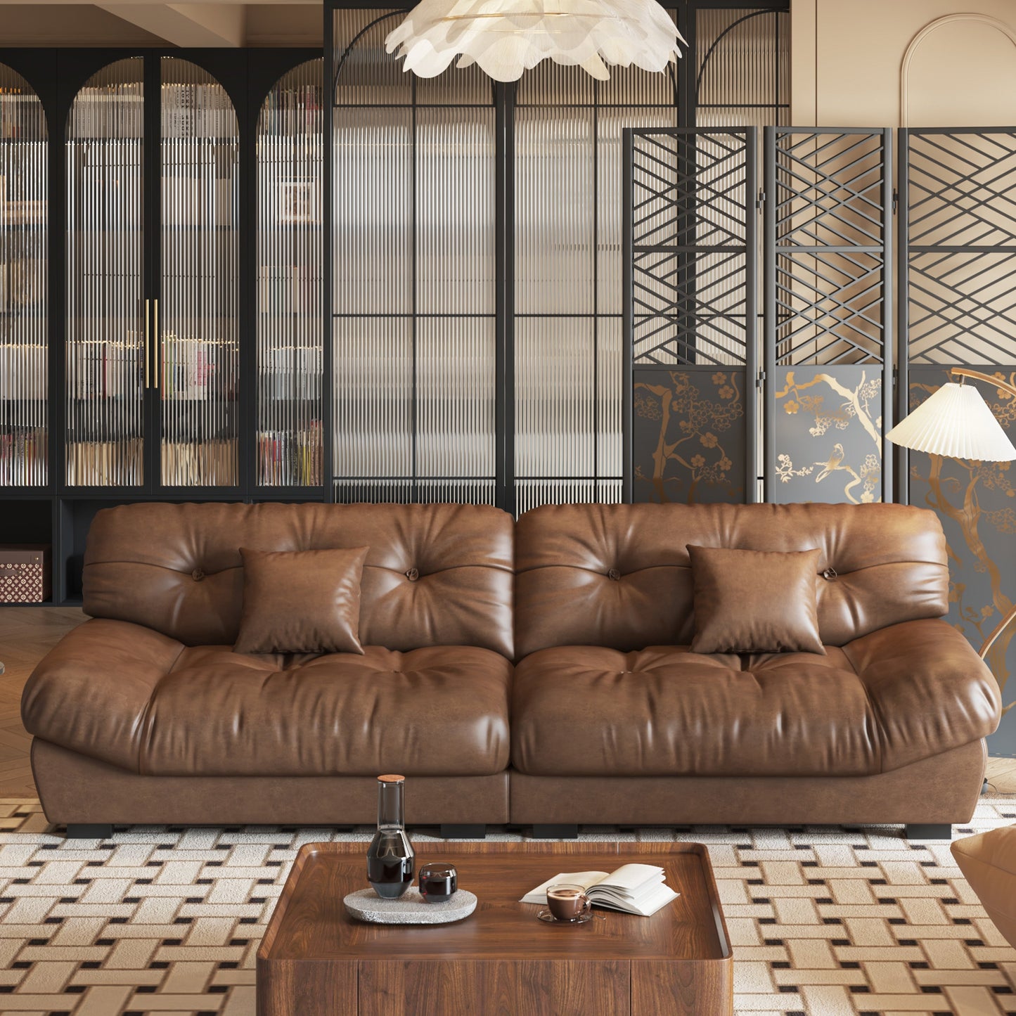 Canapé 3 places en cuir et plumes style milieu de siècle 102,4 - 110,2 x 31,9