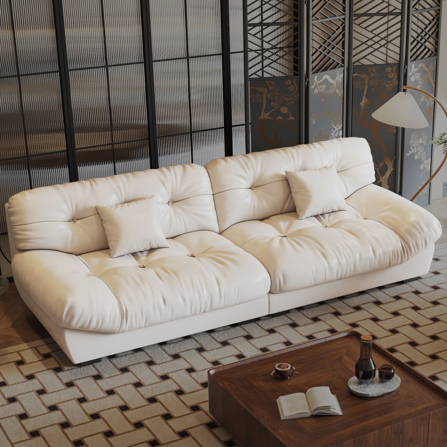 Canapé 3 places en cuir et plumes style milieu de siècle 102,4 - 110,2 x 31,9