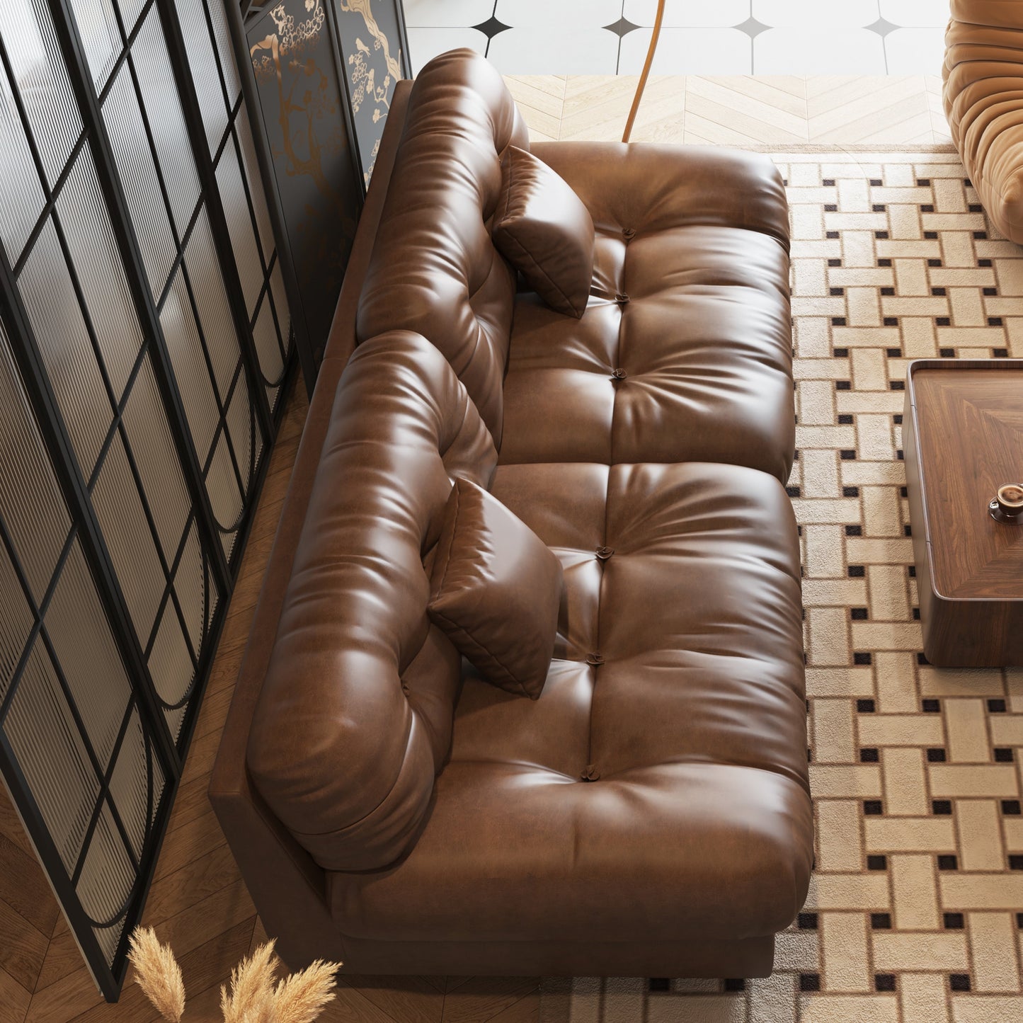 Canapé 3 places en cuir et plumes style milieu de siècle 102,4 - 110,2 x 31,9